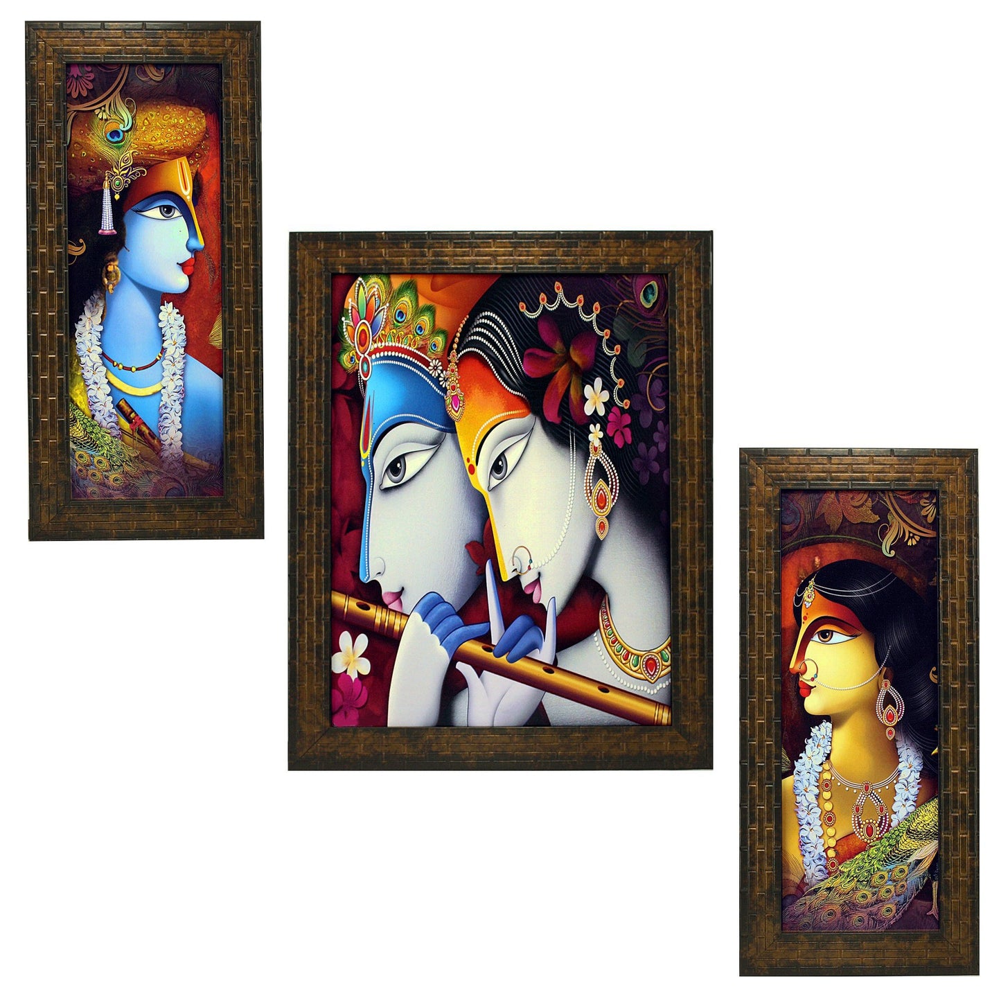 Indianara 3 PC Set of Radha Krishna Art Paintings (1170) Without Glass 5.2 X 12.5, 9.5 X 12.5, 5.2 X 12.5 inch(multicolor1170)