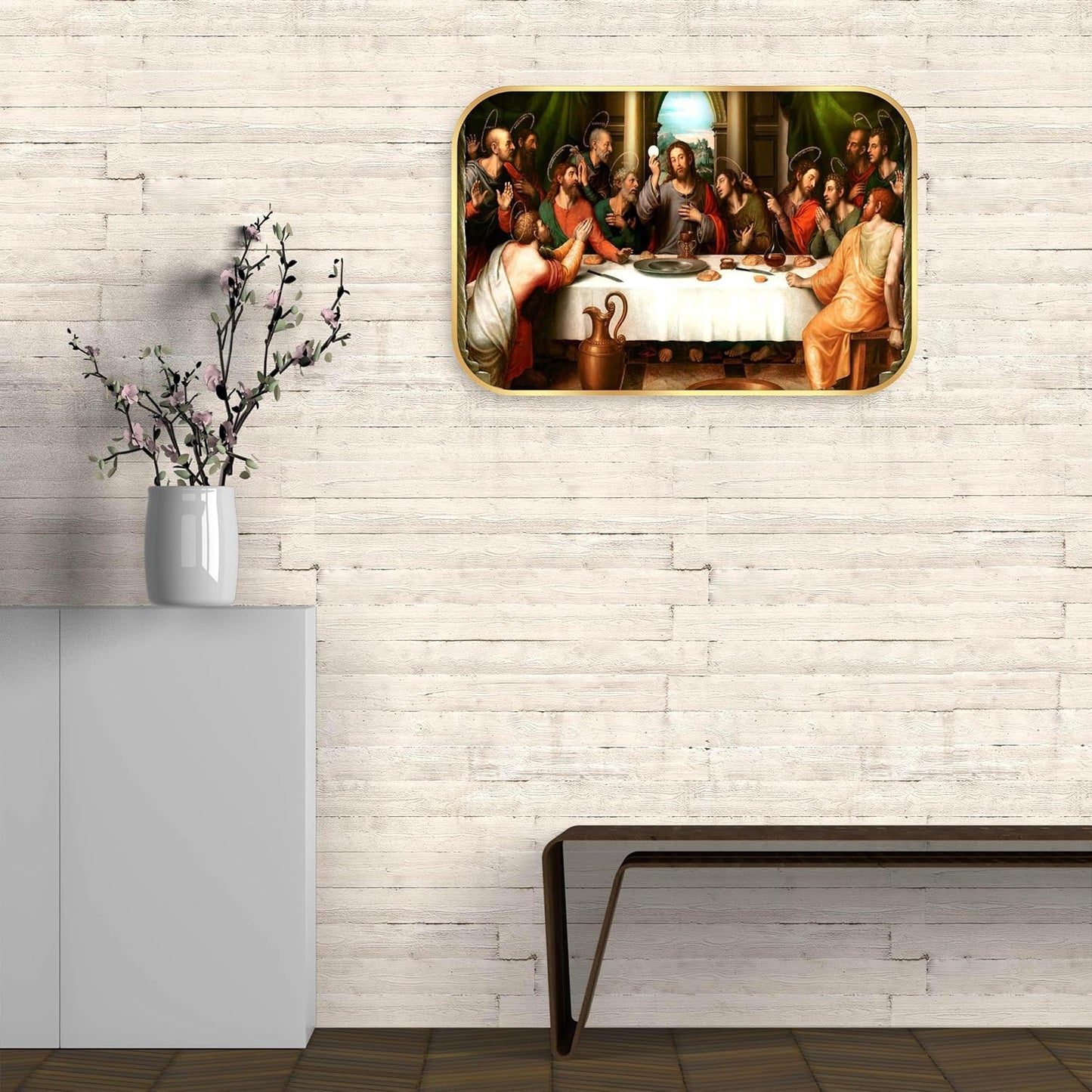 Indianara The Last Supper Wall Art, Golden Frame, 45 x 30 cm, Religious Digital Print, Matte Finish