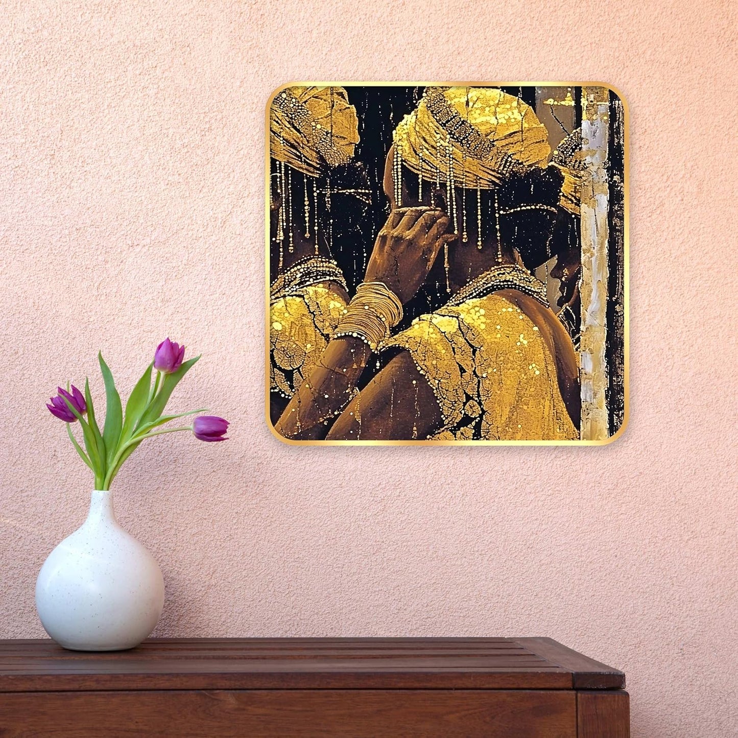 Indianara Tribal Art Wall Painting, Modern Design, Golden Frame, 40 cm x 40 cm, Premium Sparkle Lamination (6602)