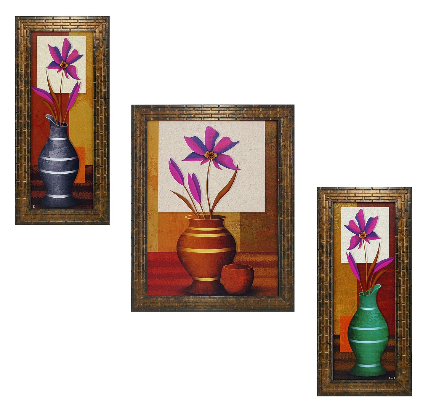 Indianara 3 Pc Set Of Still Life Paintings Without Glass 5.2 X 12.5, 9.5 X 12.5, 5.2 X 12.5 Inch (6 X 13, 10.2 X 13, 6 X 13 INCH, Brown)