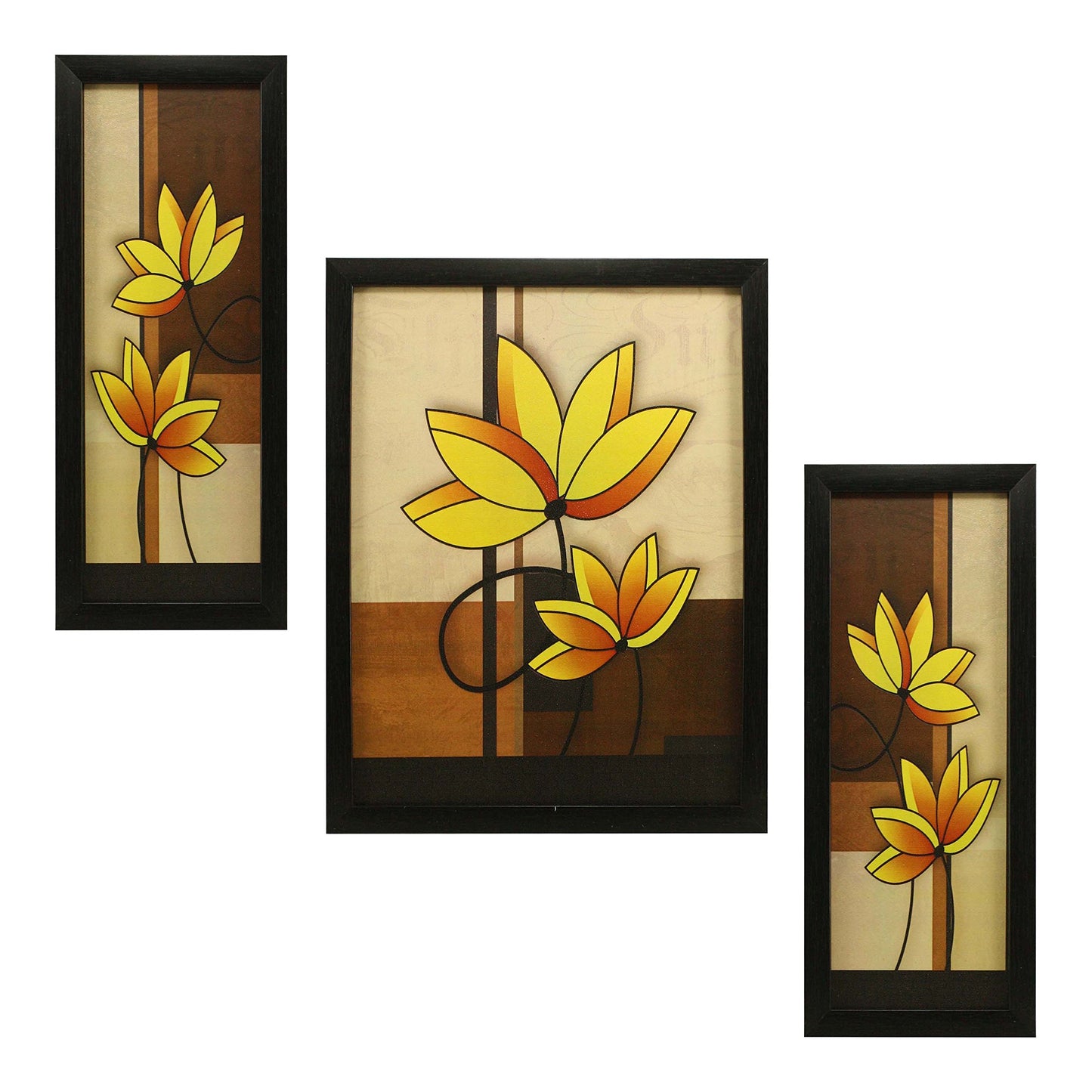 Indianara 3 Pc Set of Floral Paintings (1056) Without Glass 5.2 X 12.5, 9.5 X 12.5, 5.2 X 12.5 Inch-Multicolour