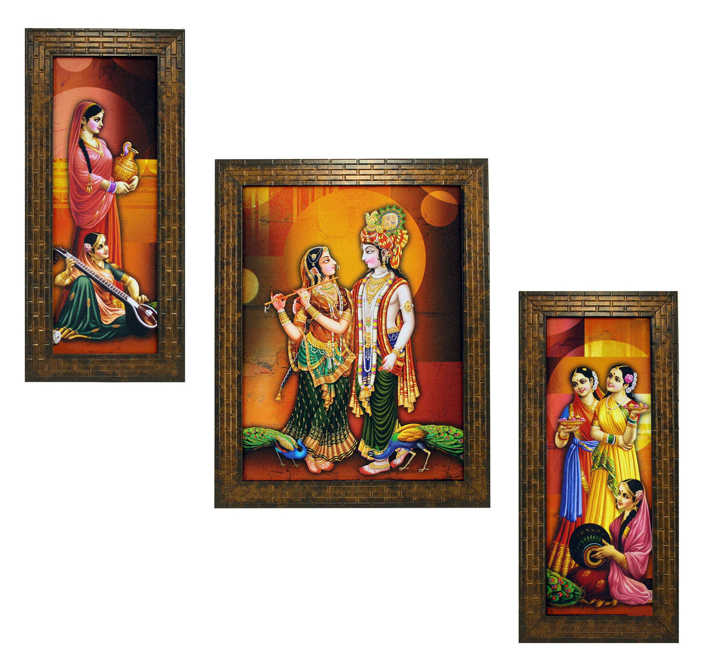 Indianara 3 Pc Set of Radha Krishna Paintings Without Glass 5.2 X 12.5, 9.5 X 12.5, 5.2 X 12.5 Inch-Multicolour
