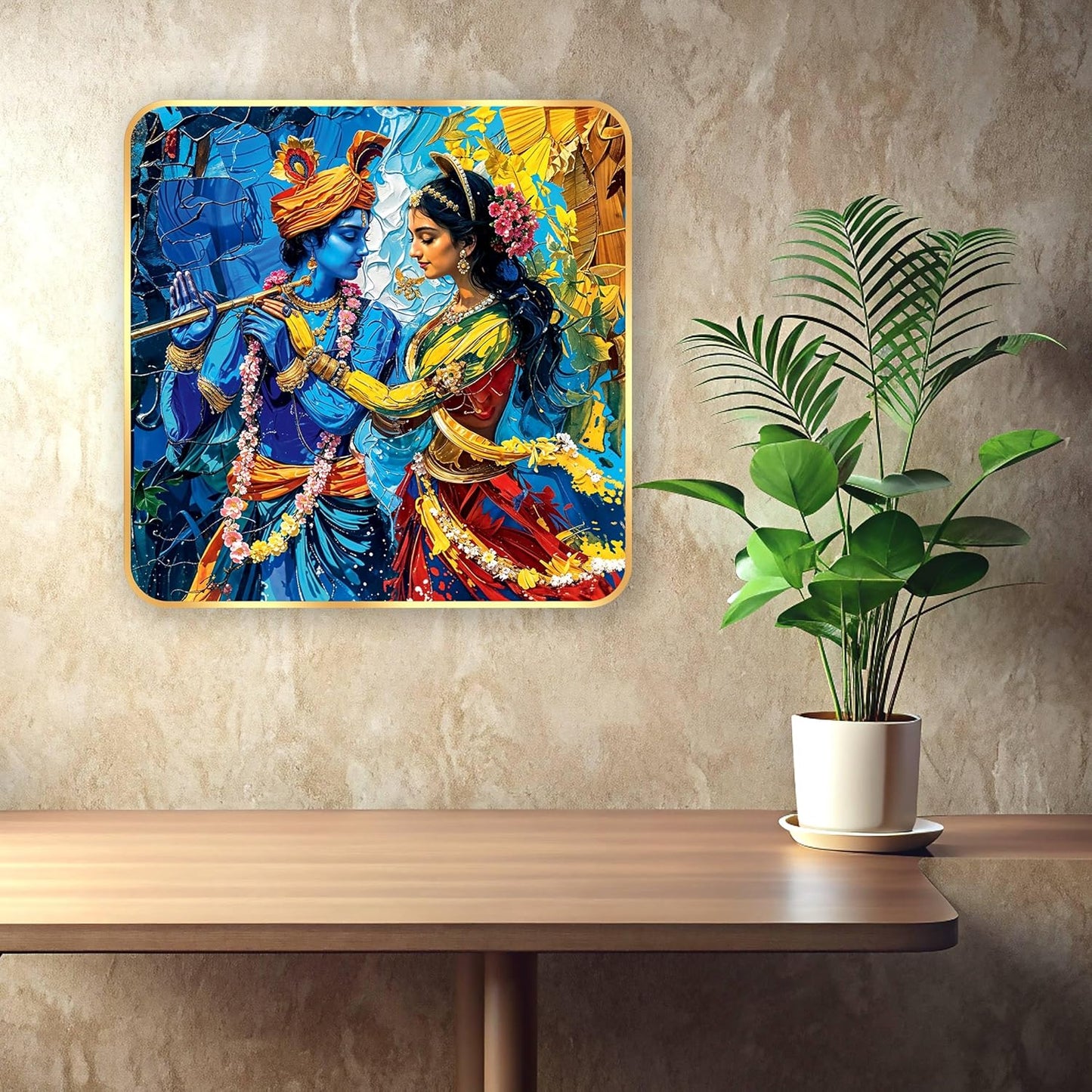Indianara Traditional Radha Krishna Art Print, Golden Frame, Premium Sparkle Lamination, 40 cm x 40 cm