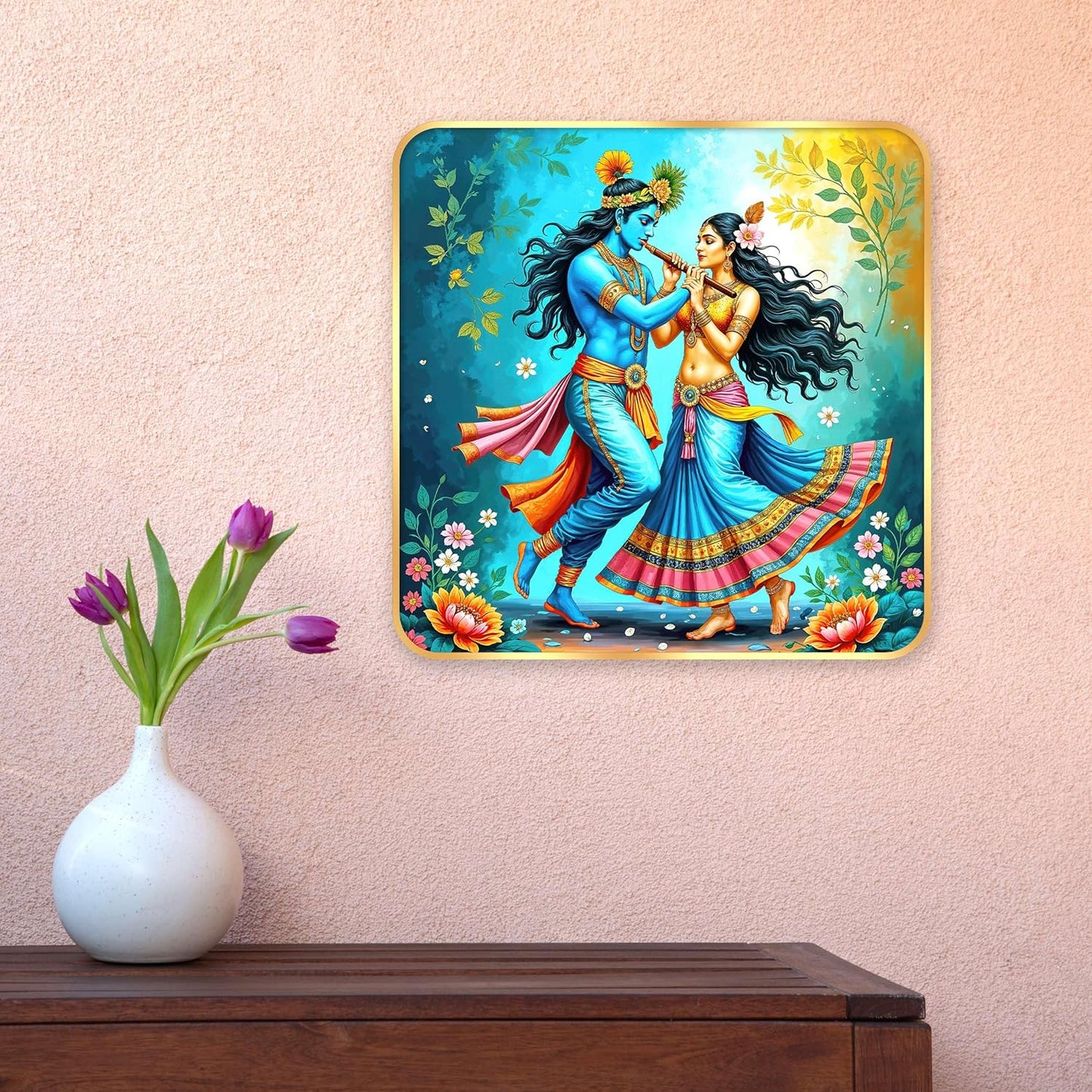 Indianara Traditional Radha Krishna Art Print, Golden Frame, Premium Sparkle Lamination, 40 cm x 40 cm (6674)