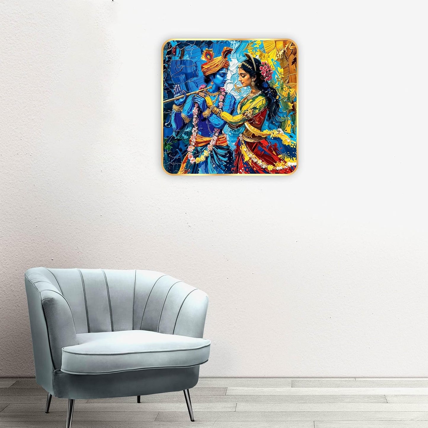 Indianara Traditional Radha Krishna Art Print, Golden Frame, Premium Sparkle Lamination, 40 cm x 40 cm
