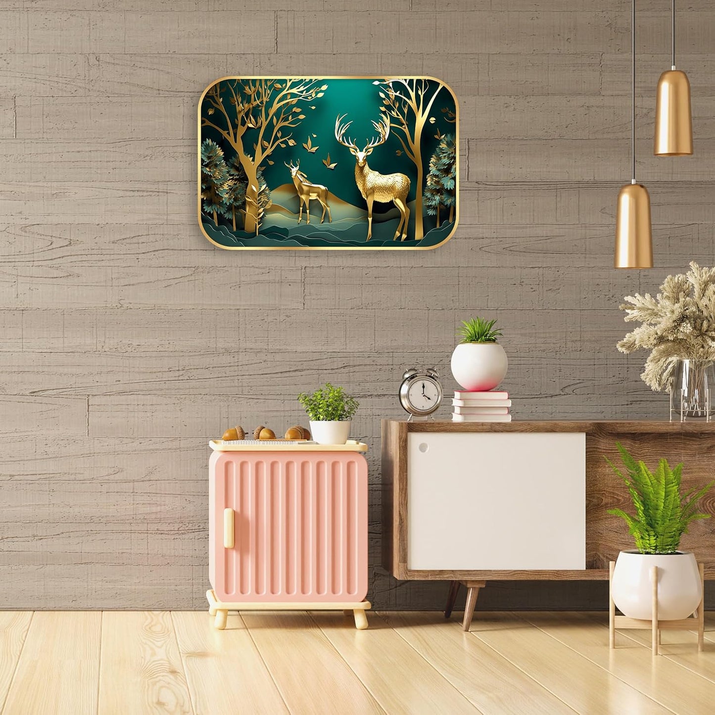 Indianara Golden Deer Forest Wall Art, Digital Print with Gold Frame, 45 x 30 cm, Emerald Green