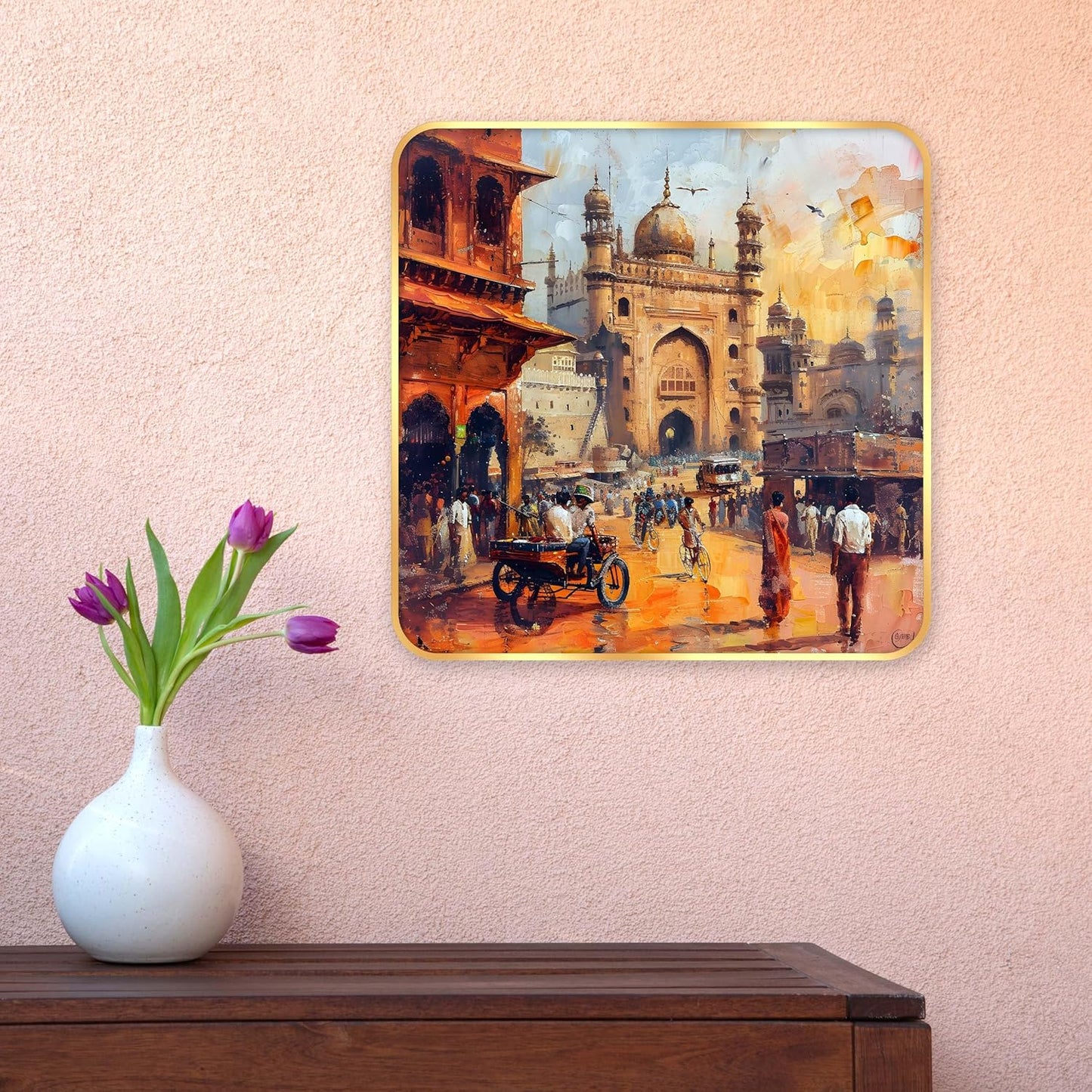 Indianara Ancient Indian Bazaar Scene Art Print, Golden Frame, Traditional Portrait, 40 cm x 40 cm, Premium Sparkle Lamination (6610)