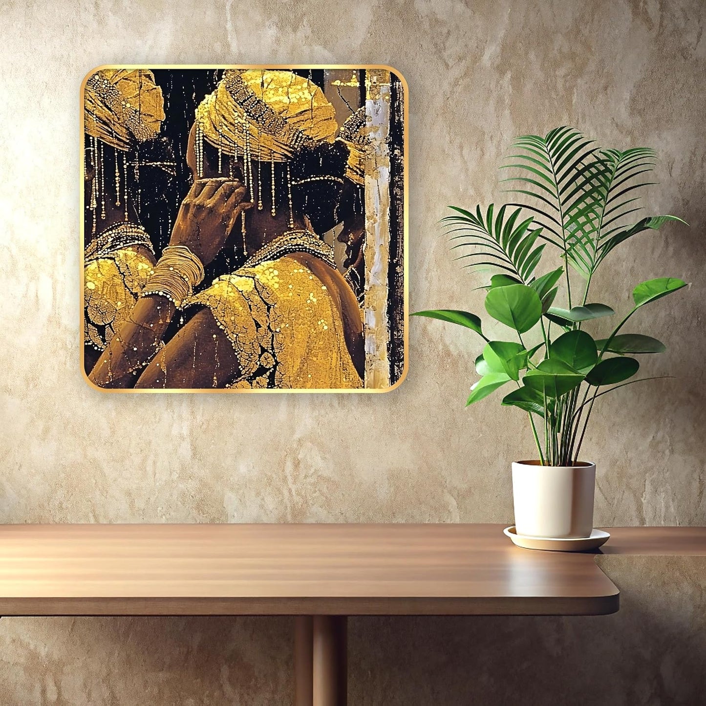 Indianara Tribal Art Wall Painting, Modern Design, Golden Frame, 40 cm x 40 cm, Premium Sparkle Lamination (6602)