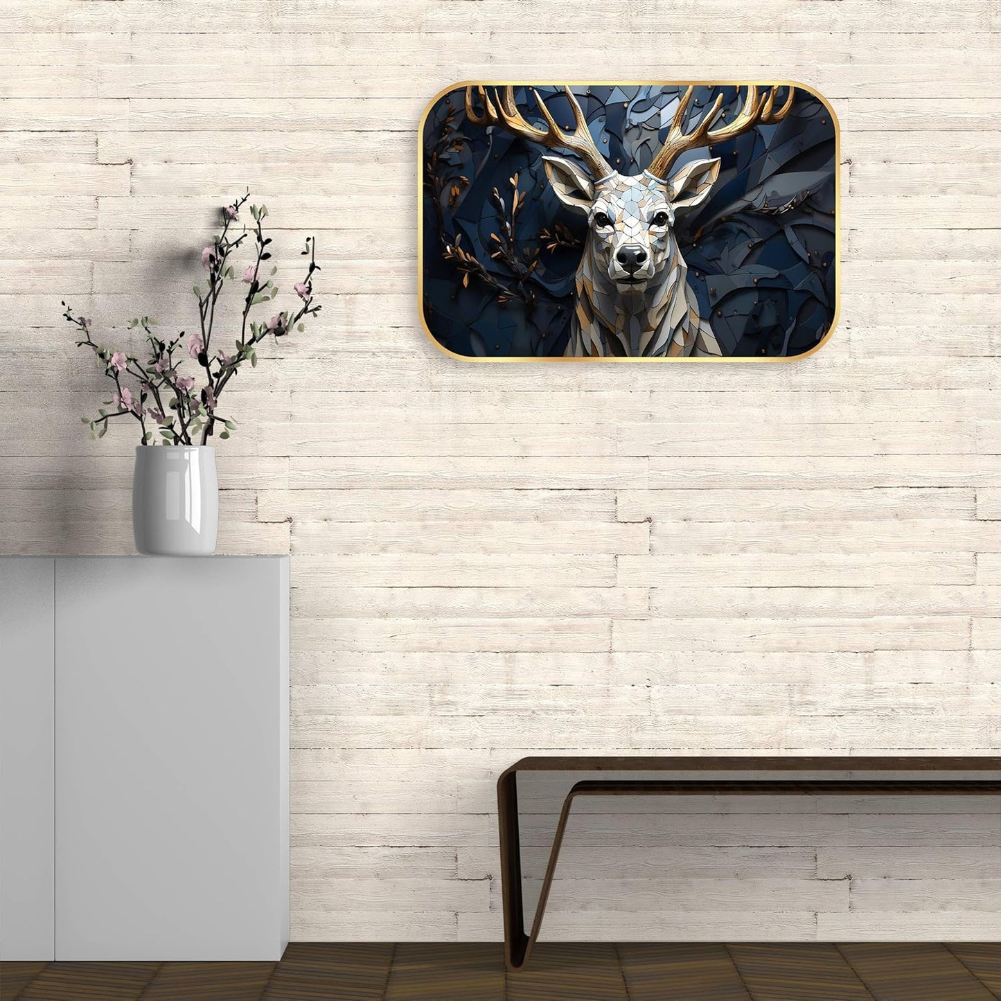 Indianara 3D Geometric Deer Wall Art, Gold Frame, 45 x 30 cm, Digital Print, Modern Design