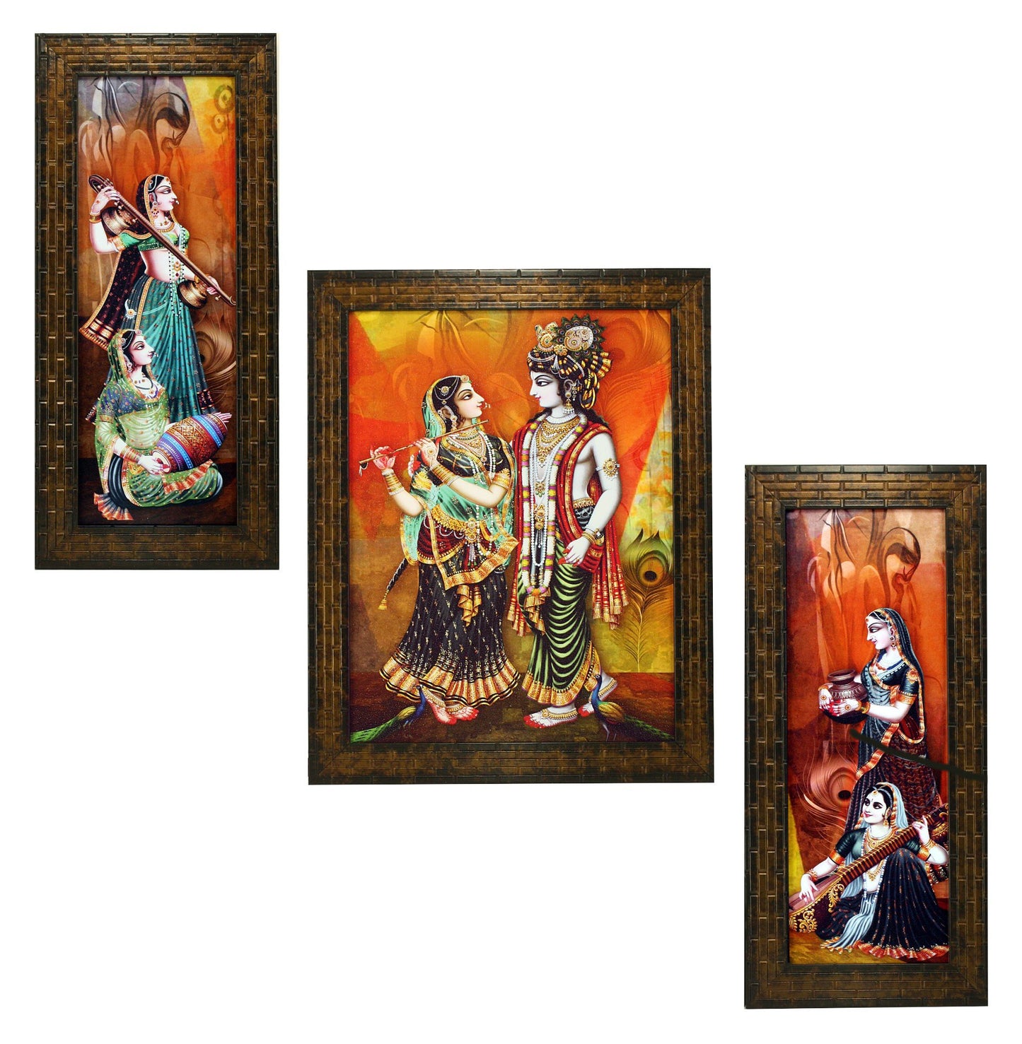 Indianara 3 PC Set of Radha Krishna Art Paintings (1170) Without Glass 5.2 X 12.5, 9.5 X 12.5, 5.2 X 12.5 inch(multicolor1170)
