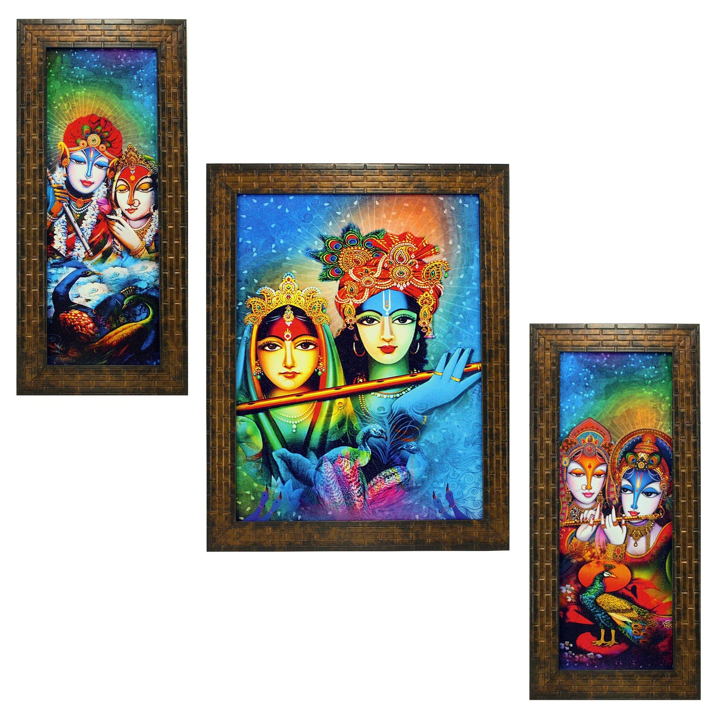 Indianara 3 PC Set of Radha Krishna Art Paintings (1170) Without Glass 5.2 X 12.5, 9.5 X 12.5, 5.2 X 12.5 inch(multicolor1170)