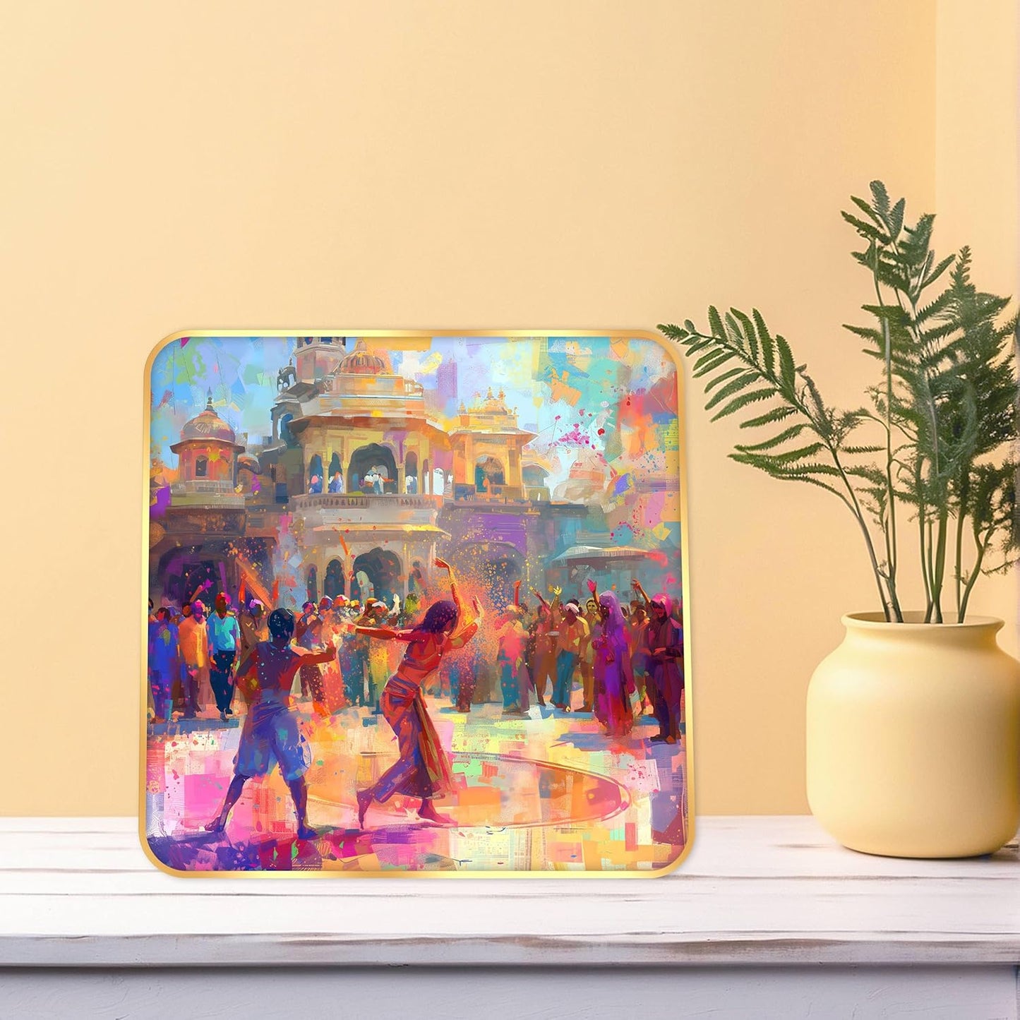 Indianara Beautiful Ancient Indian Holi Celebration Art Print with Golden Frame, Traditional Portrait, 40 cm x 40 cm, Premium Sparkle Lamination