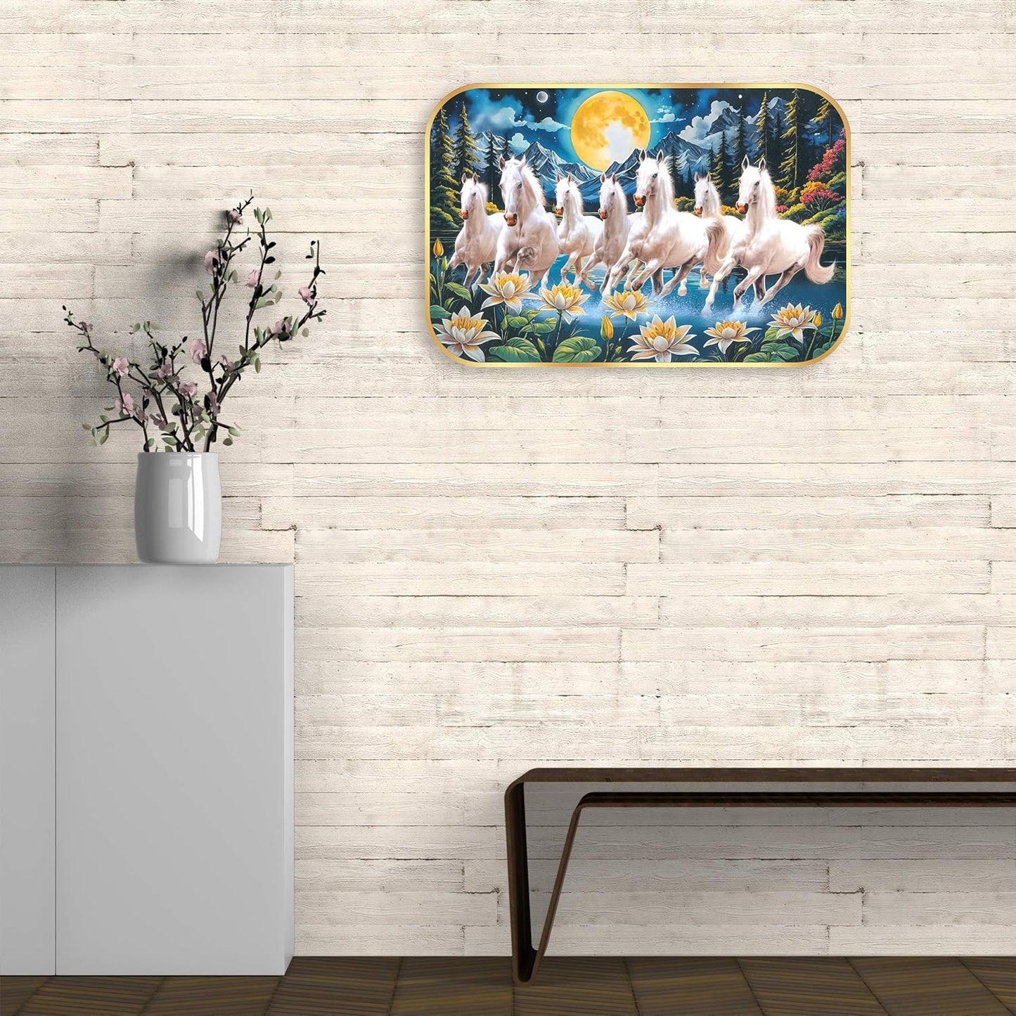 Indianara Seven Running White Horses Wall Art, Gold Frame, Night Scene with Purple Flowers, 45 x 30 cm (10915)