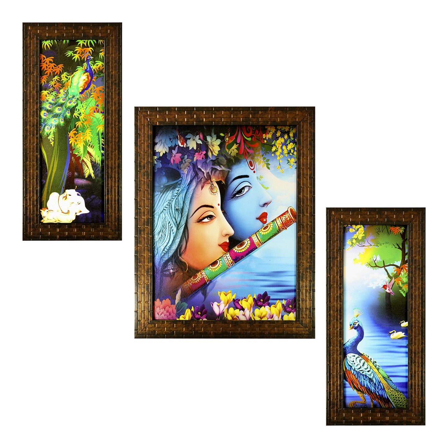Indianara 3 Pc Set of Radha Krishna Paintings Without Glass 5.2 X 12.5, 9.5 X 12.5, 5.2 X 12.5 Inch-Multicolour