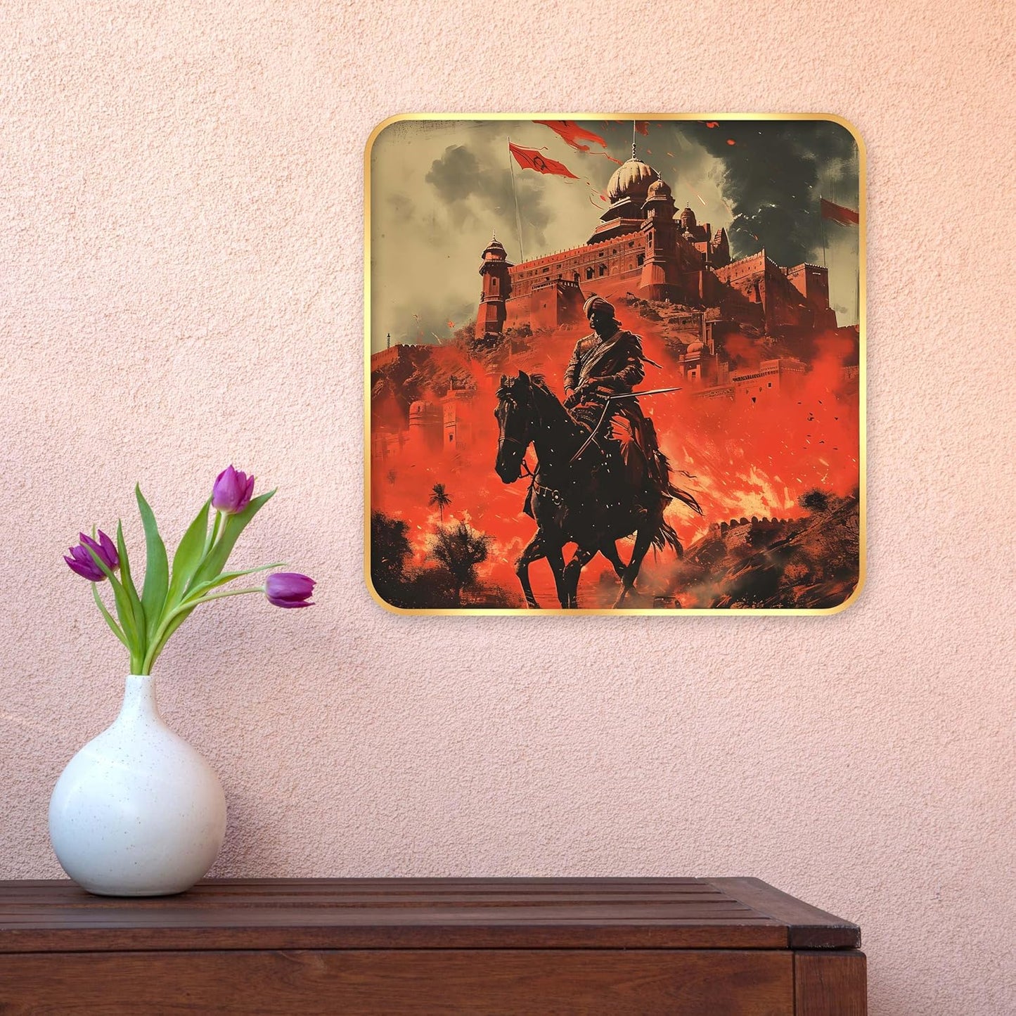 Indianara Historic Battle Scene Wall Art, Digital Print with Golden Frame, Premium Sparkle Lamination, 40 cm x 40 cm, (6608)