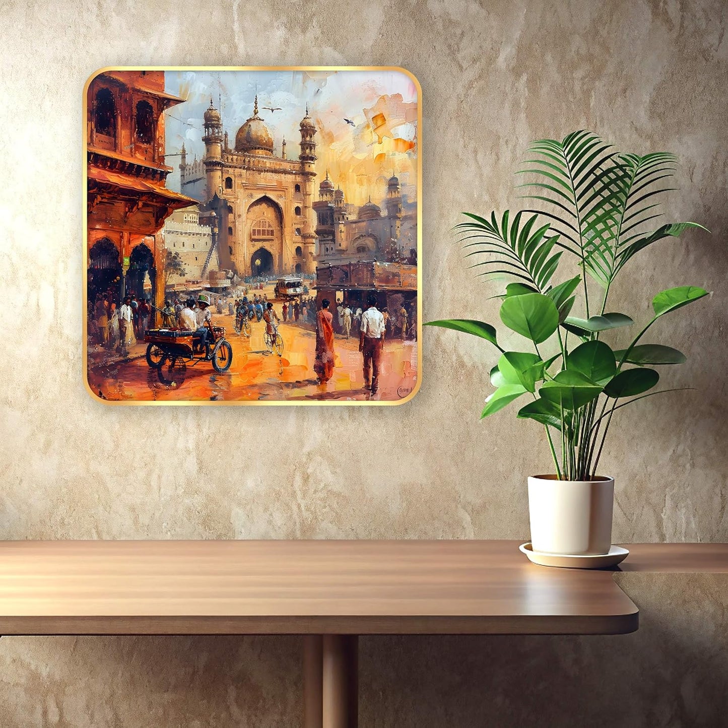 Indianara Ancient Indian Bazaar Scene Art Print, Golden Frame, Traditional Portrait, 40 cm x 40 cm, Premium Sparkle Lamination (6610)