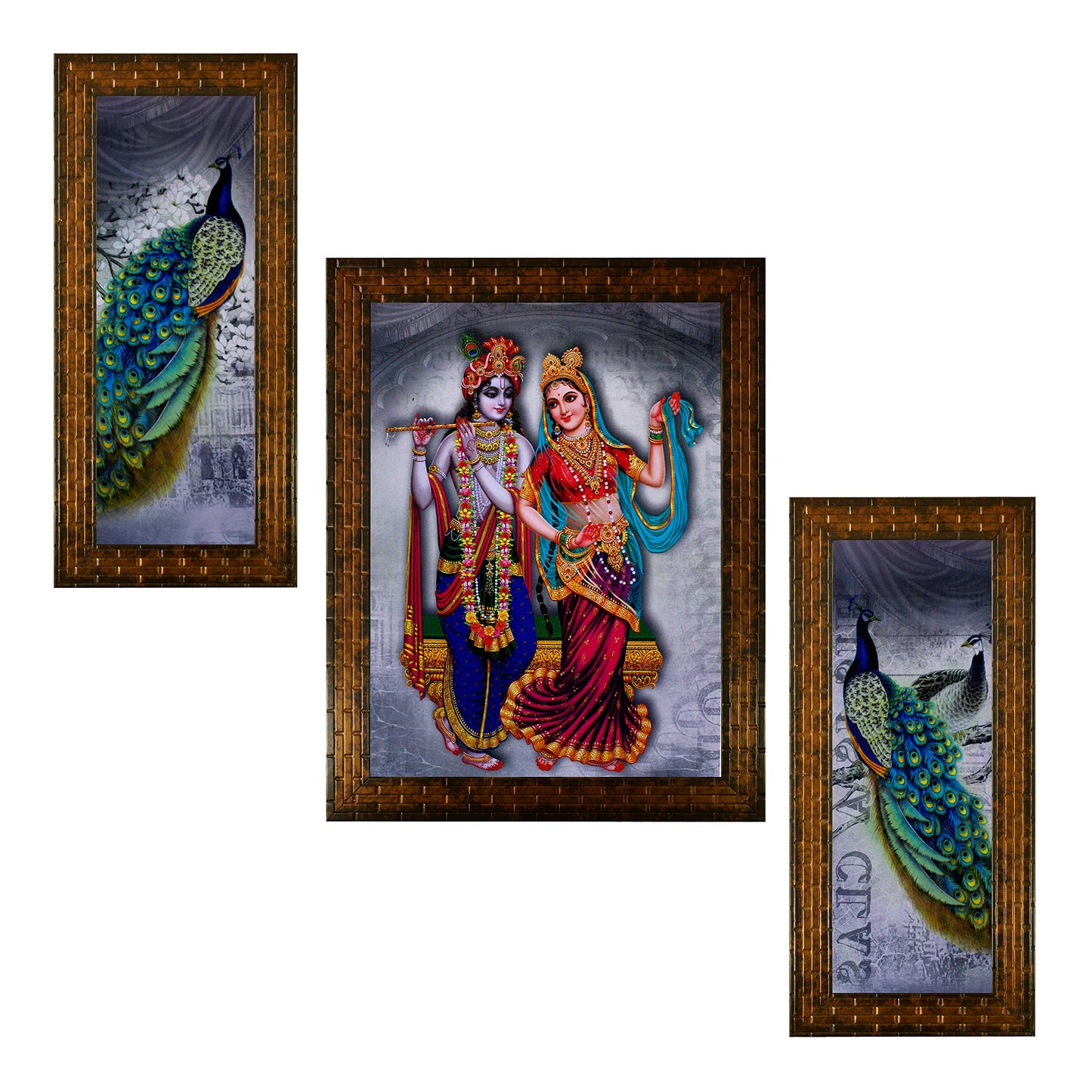 Indianara 3 Pc Set of Radha Krishna Paintings Without Glass 5.2 X 12.5, 9.5 X 12.5, 5.2 X 12.5 Inch-Multicolour