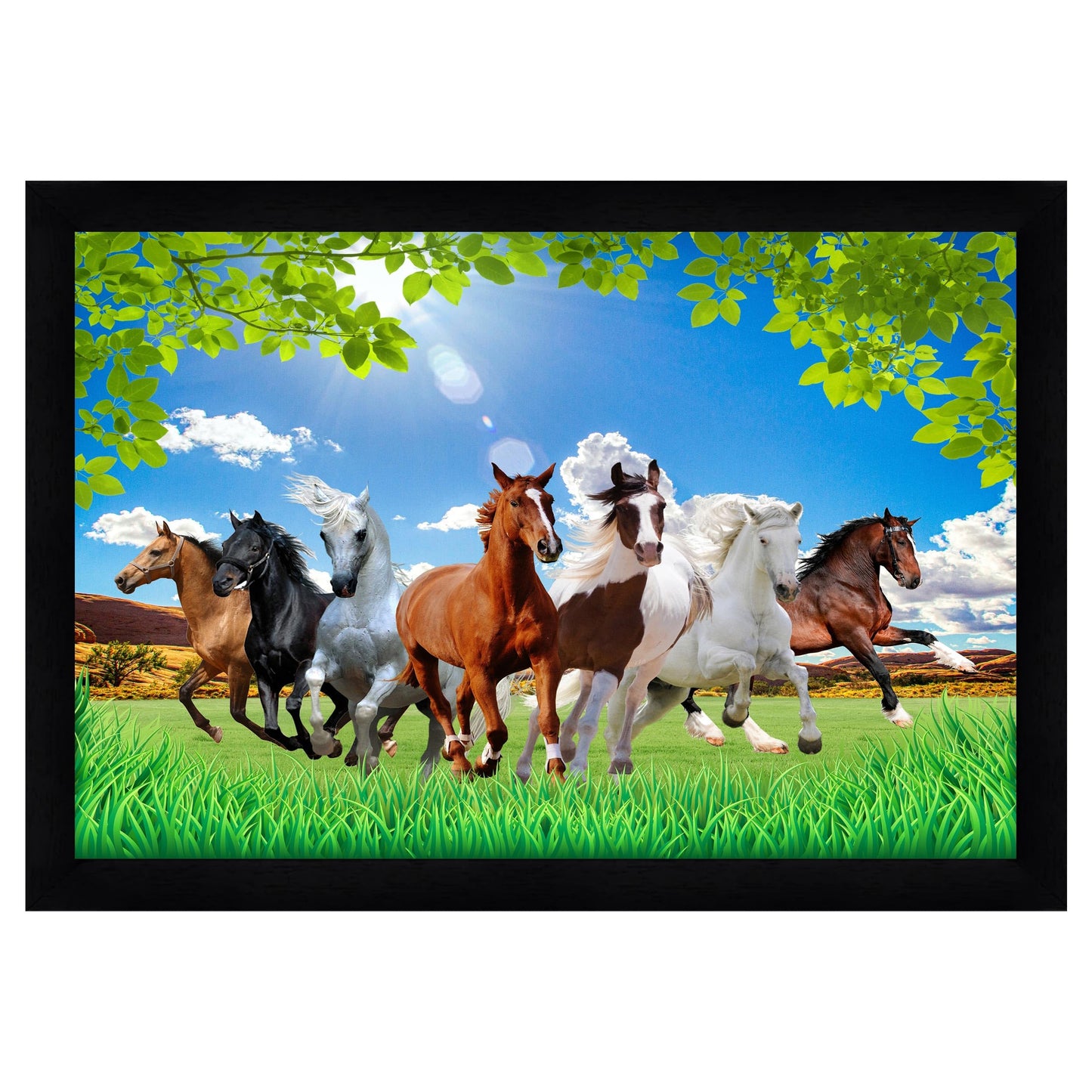 Indianara Vastu Runing Seven Horses Painting With Frame 13 Inches X 10 Inches (Style 1)
