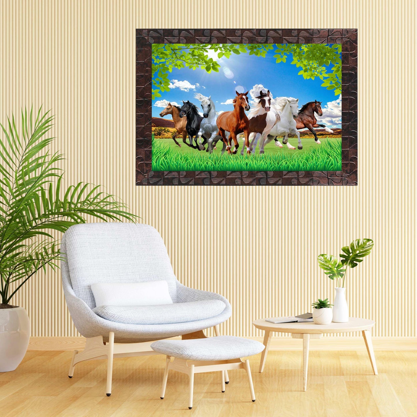 Indianara Vastu Running Seven Horse Painting With Frame 18 Inches X 12 Inches (Style1)