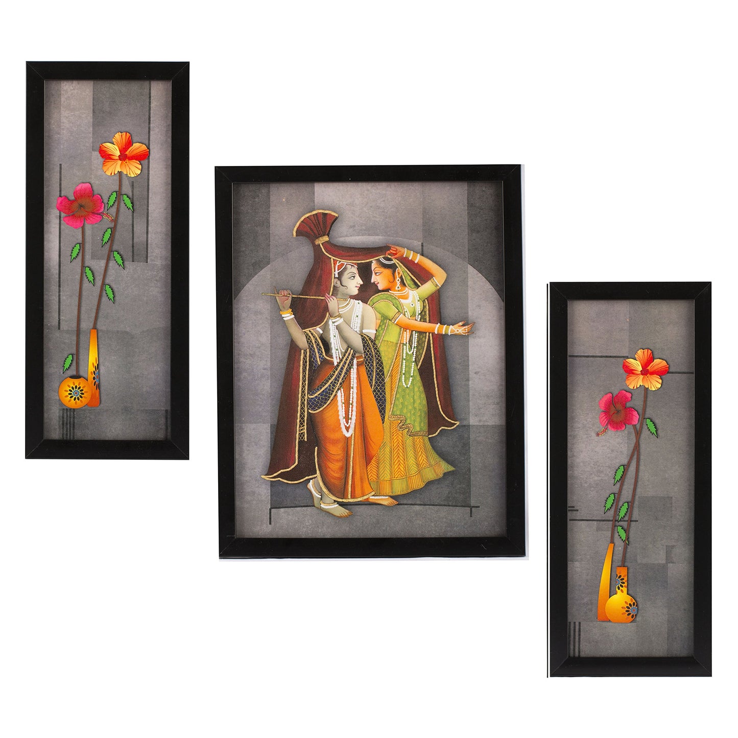 Indianara 3 Pc Set of Radha Krishna Paintings Without Glass 5.2 X 12.5, 9.5 X 12.5, 5.2 X 12.5 Inch-Multicolour