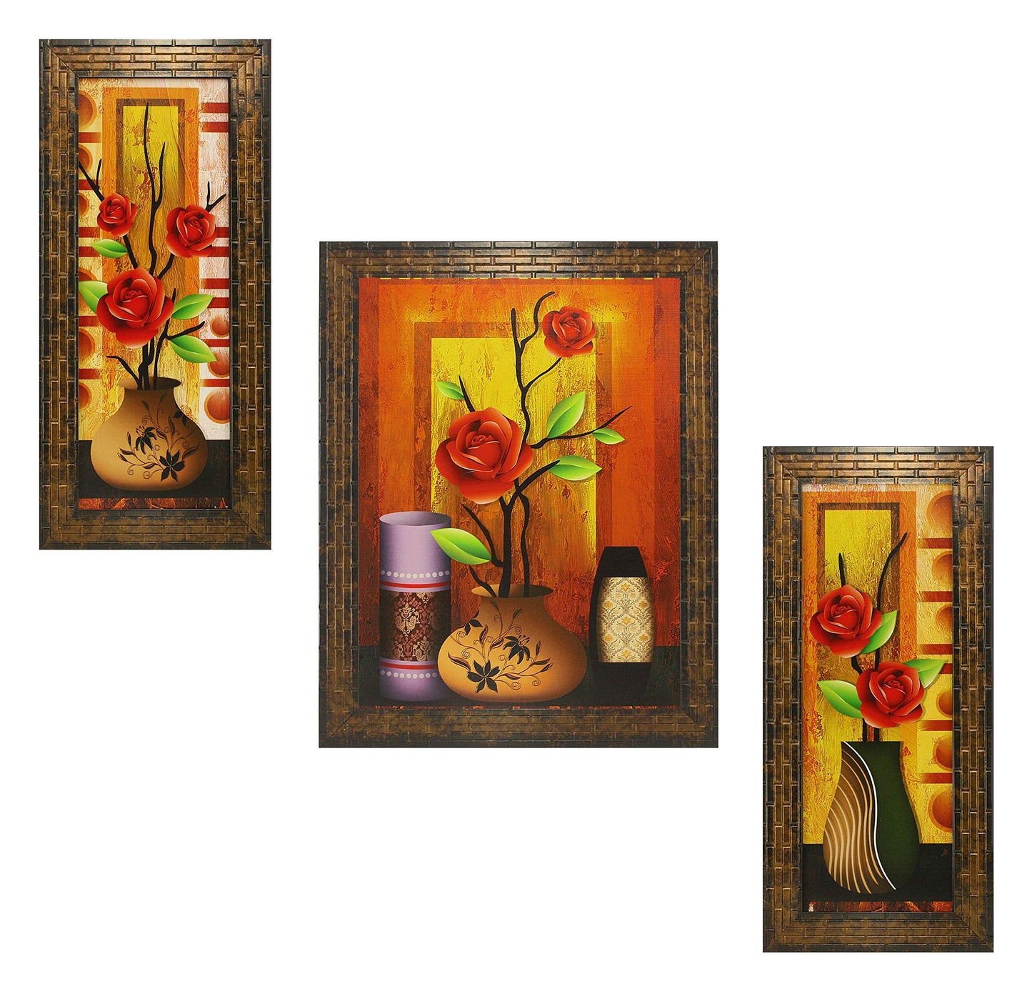 Indianara 3 Pc Set Of Still Life Paintings Without Glass 5.2 X 12.5, 9.5 X 12.5, 5.2 X 12.5 Inch (6 X 13, 10.2 X 13, 6 X 13 INCH, Brown)