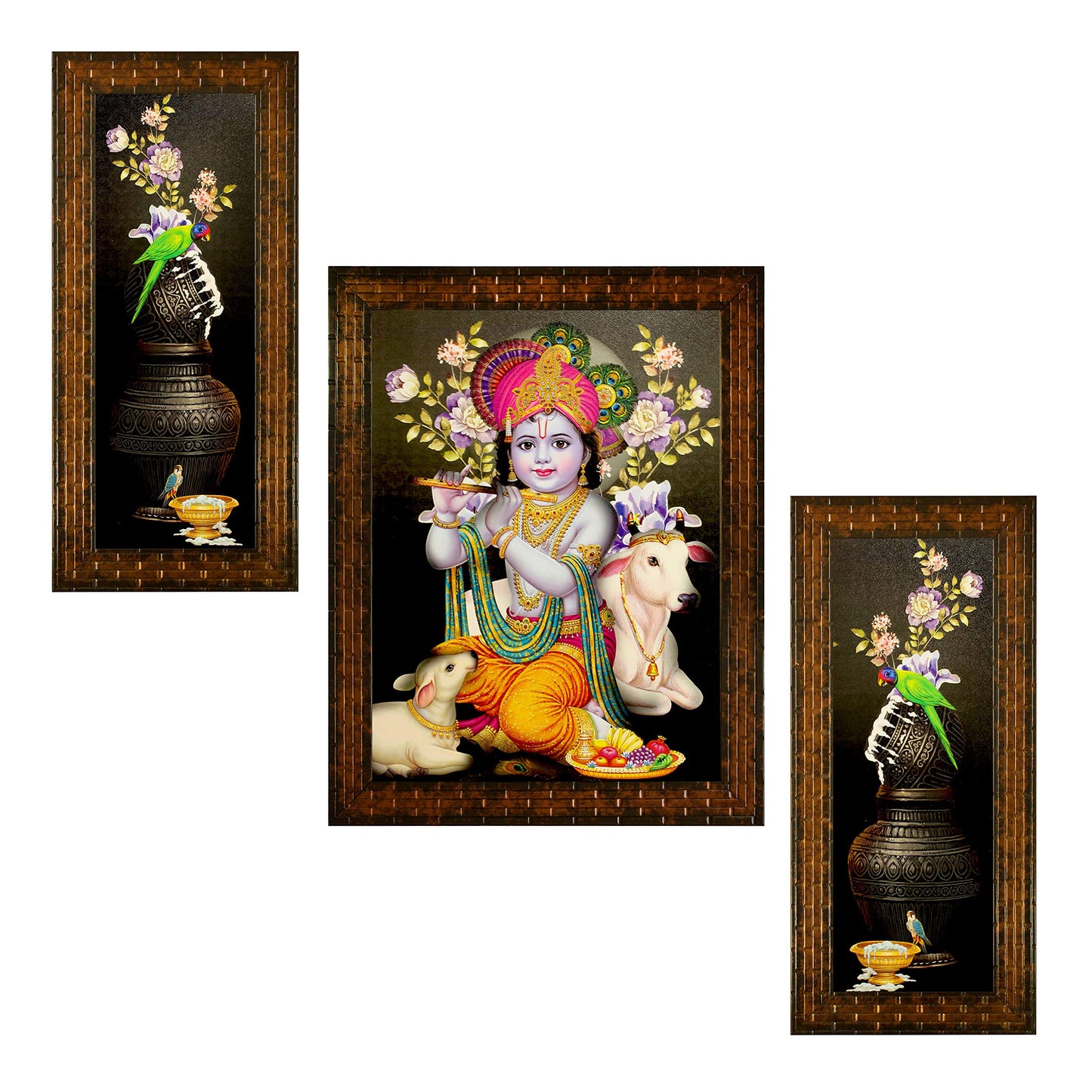 Indianara 3 Pc Set of Radha Krishna Paintings Without Glass 5.2 X 12.5, 9.5 X 12.5, 5.2 X 12.5 Inch-Multicolour