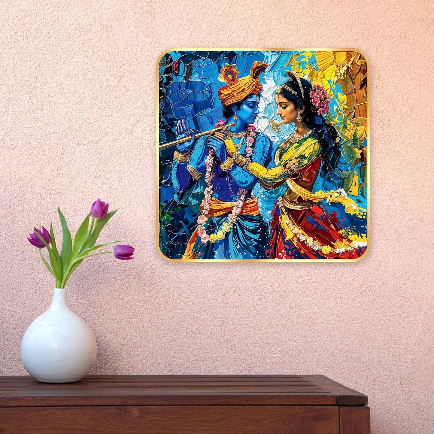 Indianara Traditional Radha Krishna Art Print, Golden Frame, Premium Sparkle Lamination, 40 cm x 40 cm