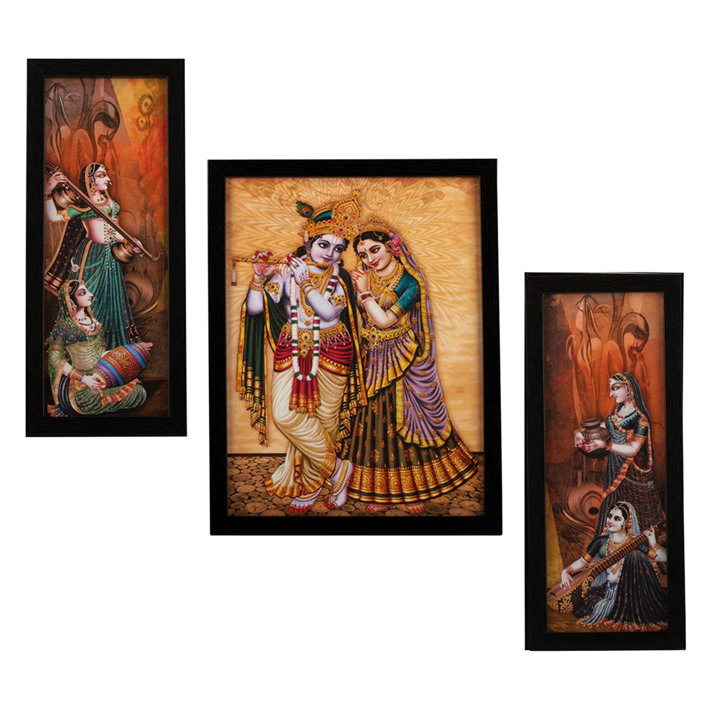Indianara 3 Pc Set of Radha Krishna Paintings Without Glass 5.2 X 12.5, 9.5 X 12.5, 5.2 X 12.5 Inch-Multicolour
