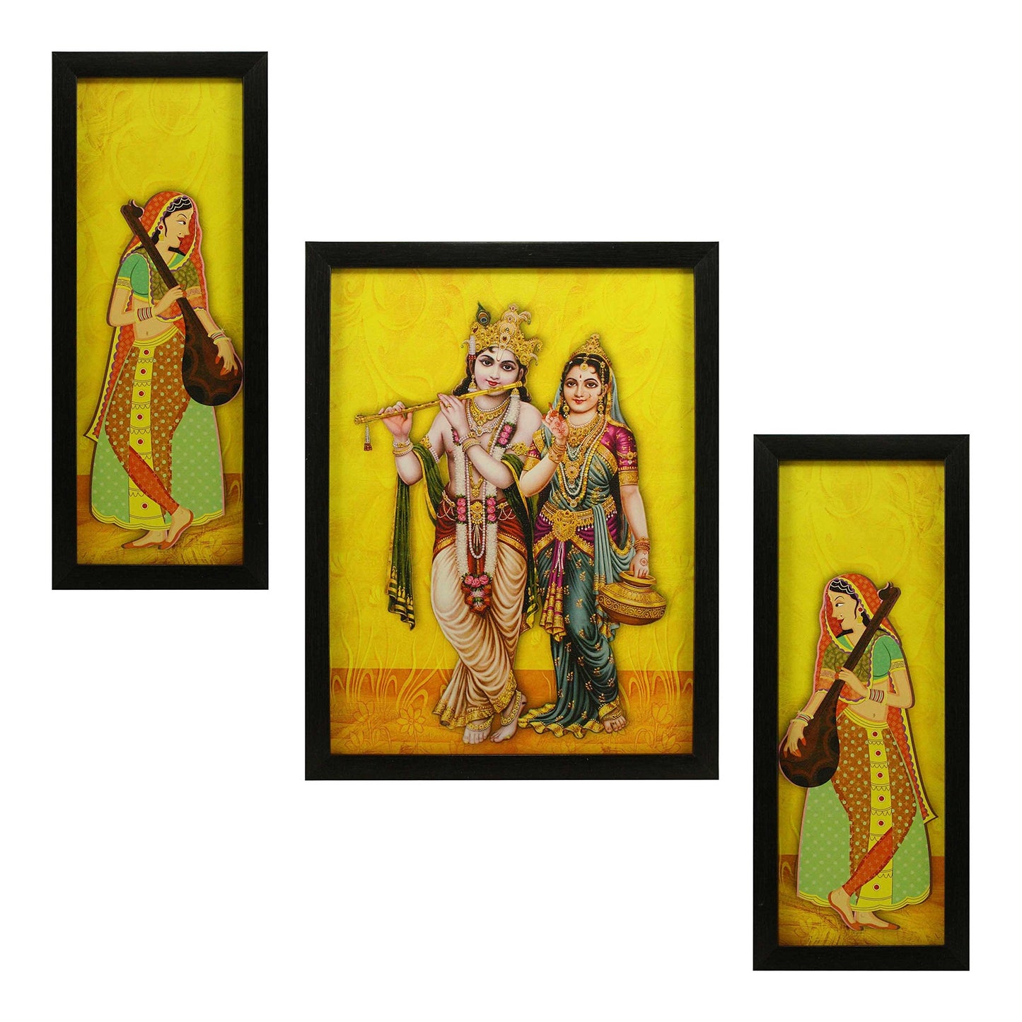 Indianara 3 Pc Set of Radha Krishna Paintings Without Glass 5.2 X 12.5, 9.5 X 12.5, 5.2 X 12.5 Inch-Multicolour