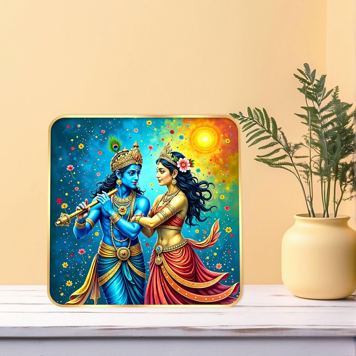Indianara Traditional Radha Krishna Art Print, Golden Frame with Premium Sparkle Lamination, 40 cm x 40 cm (6673)