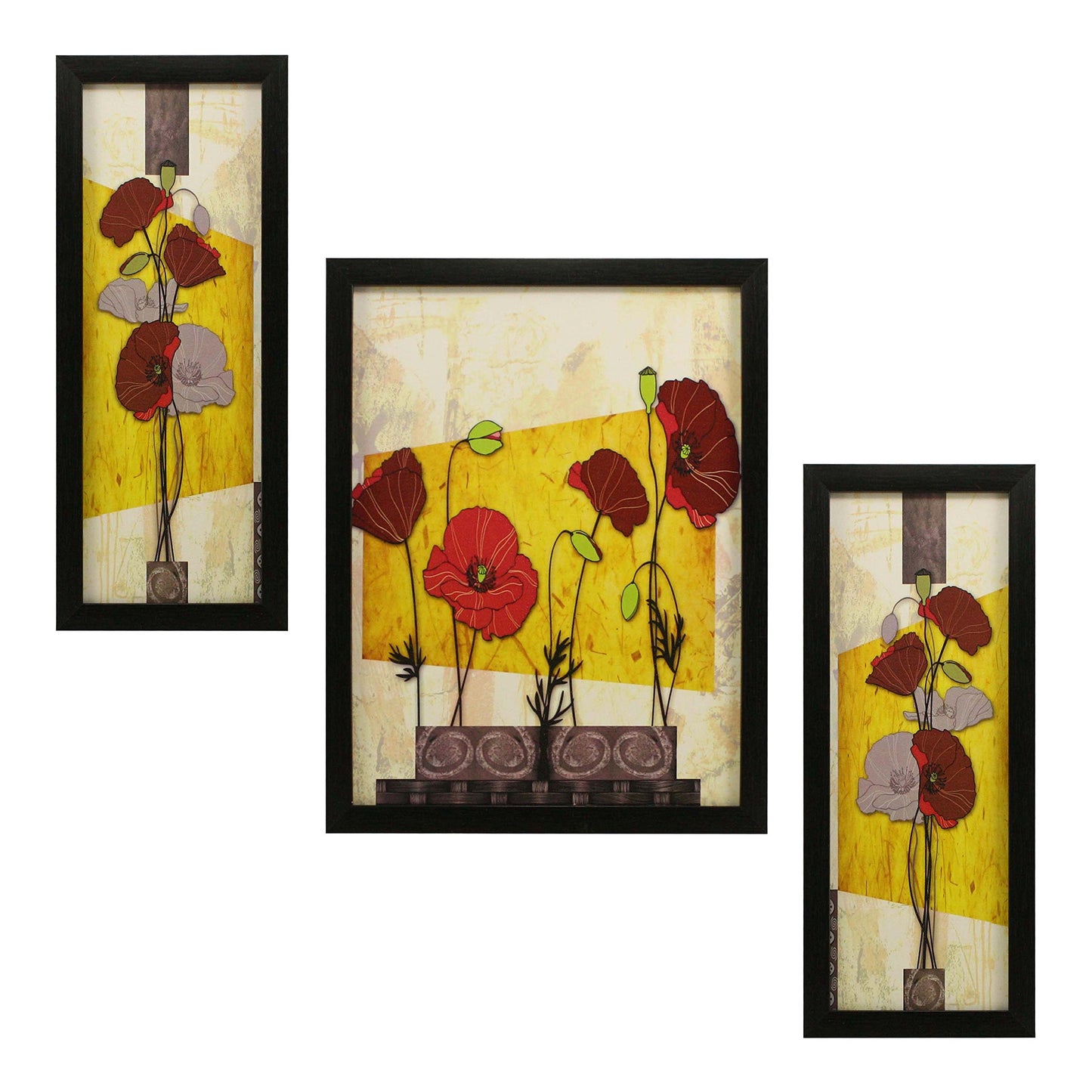 Indianara 3 Pc Set of Floral Paintings (1056) Without Glass 5.2 X 12.5, 9.5 X 12.5, 5.2 X 12.5 Inch-Multicolour