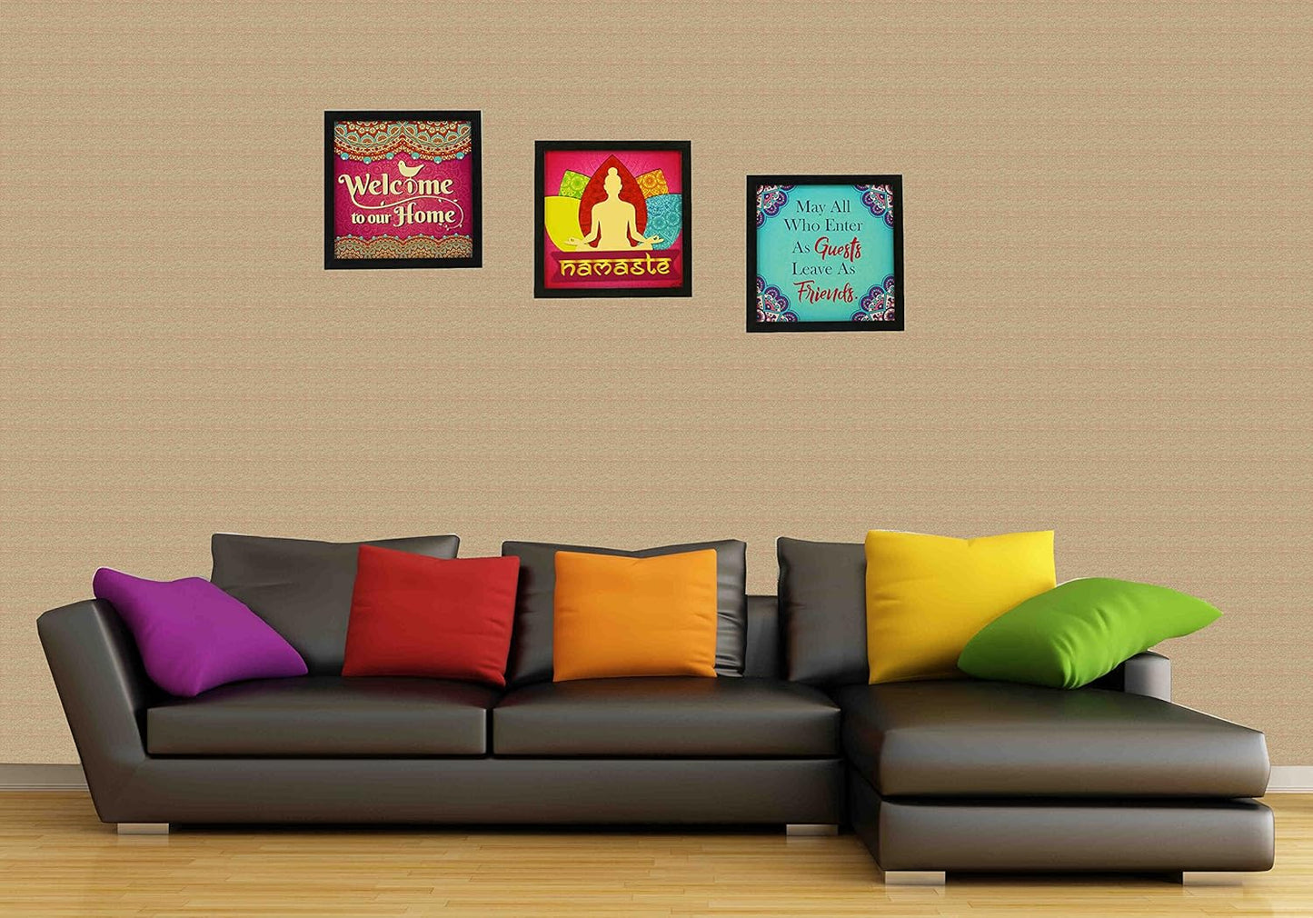 Indianara 3 Piece Set of Framed Wall Hanging Welcome Home Decor Art (1193) Prints 8.7 inch X 8.7 inch Without Glass-Multicolour