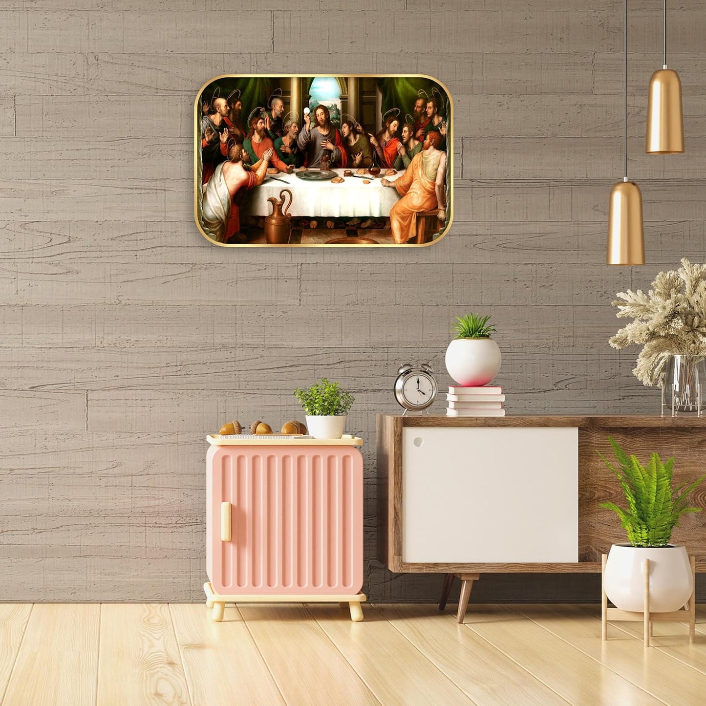 Indianara The Last Supper Wall Art, Golden Frame, 45 x 30 cm, Religious Digital Print, Matte Finish
