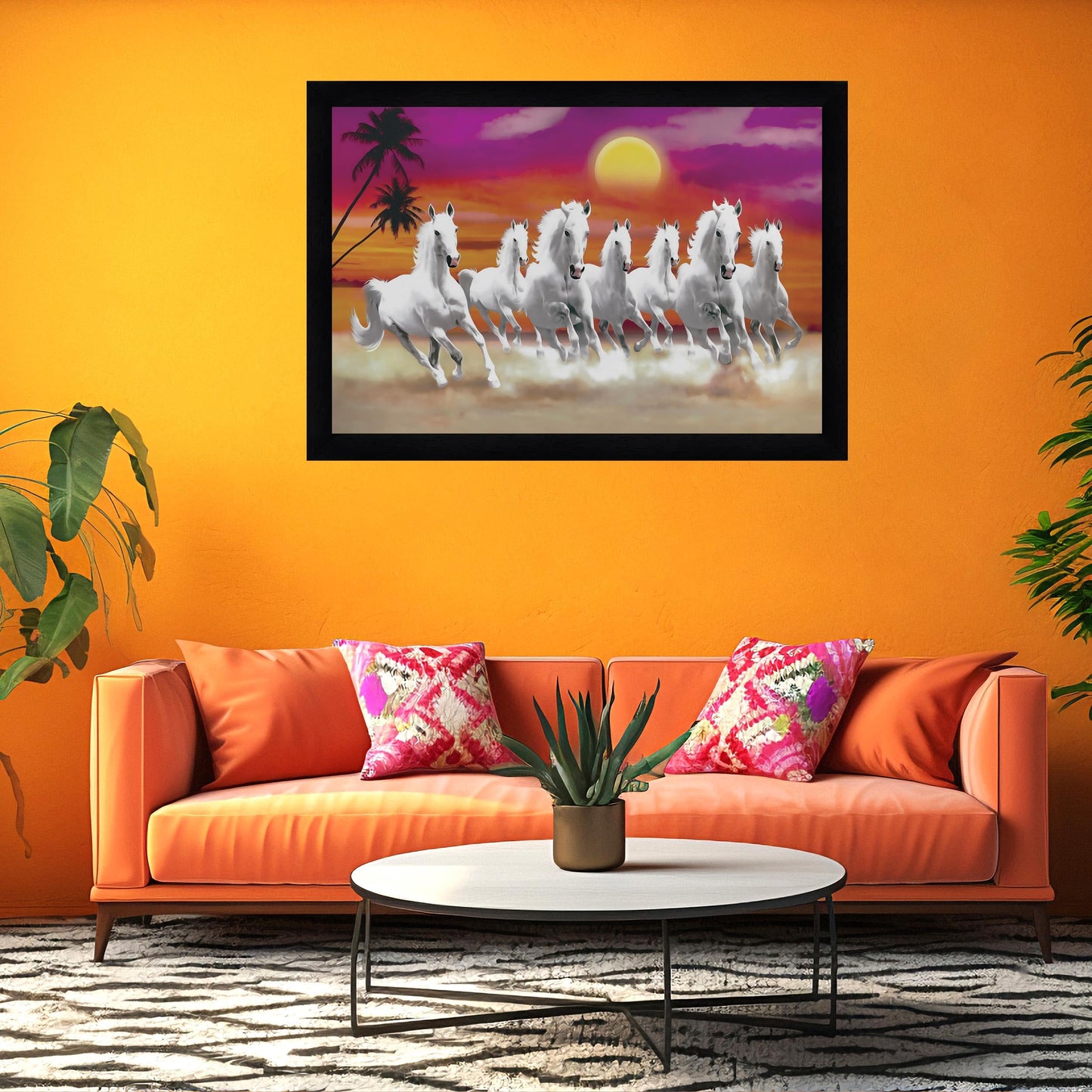 Indianara Vastu Running Seven Horse Painting With Frame 18 Inches X 12 Inches (Style1)