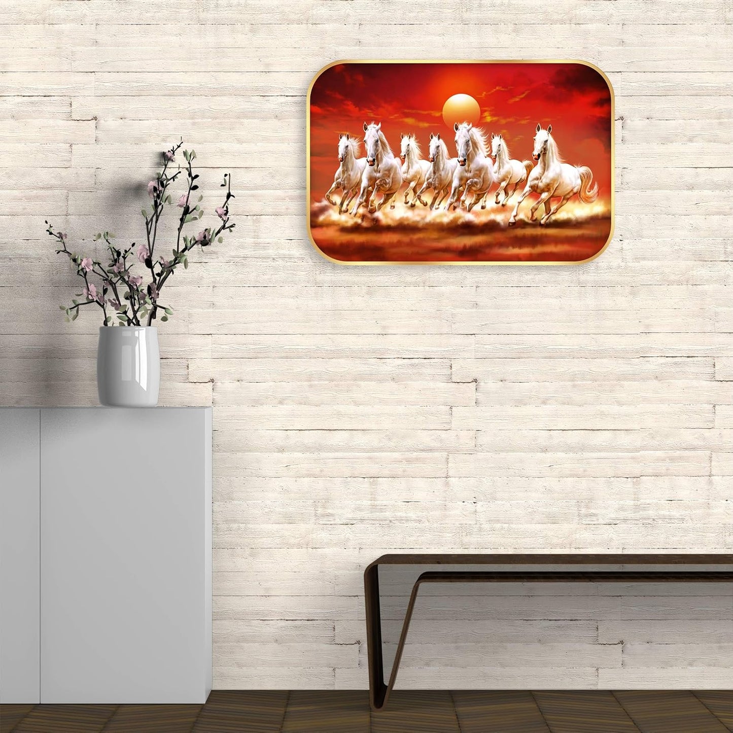 Indianara Seven Running White Horses Vastu Wall Art, Gold Frame, Digital Print, 45 x 30 cm (10927)