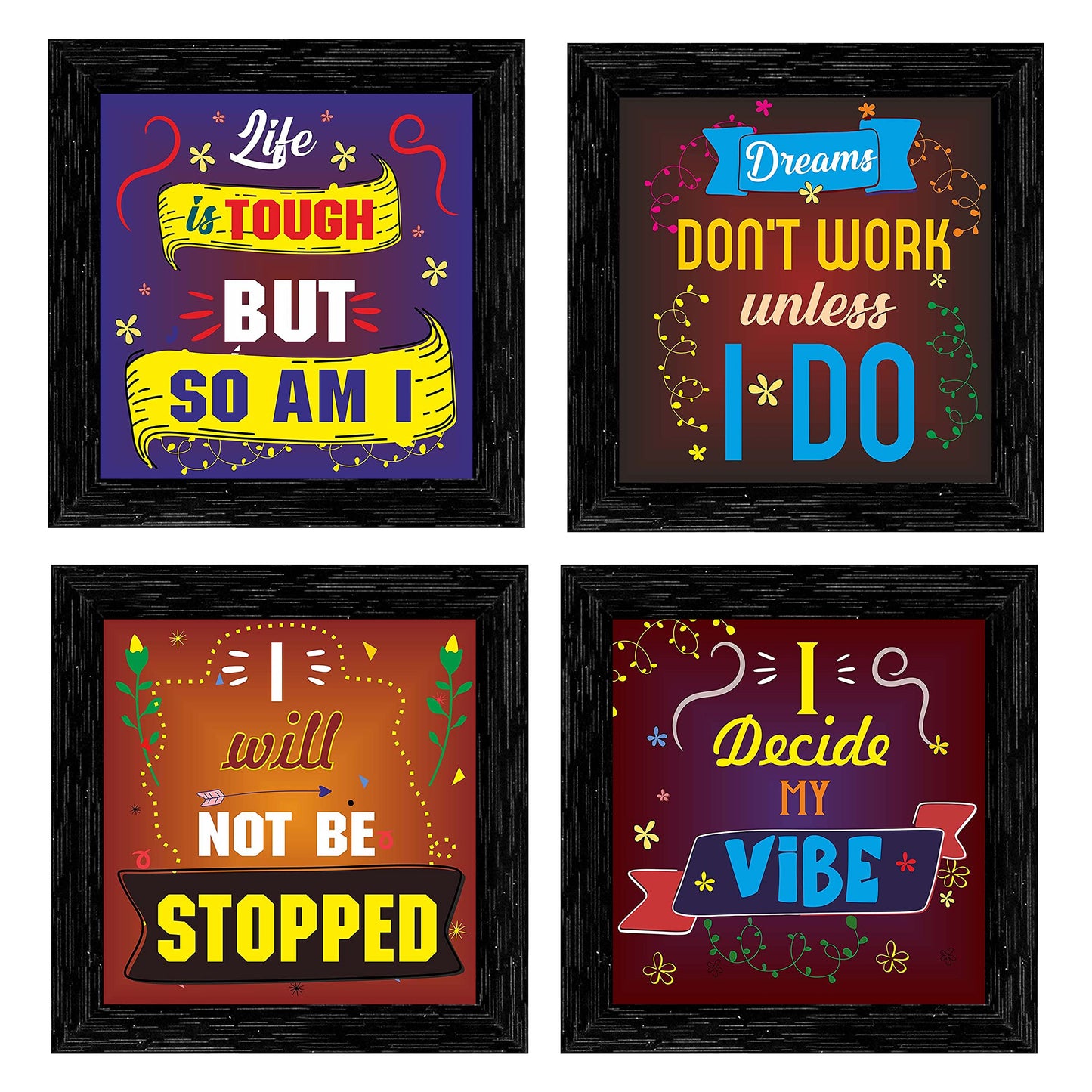 Indianara 4 Piece Set of Framed Wall Hanging Motivational Office Decor Art Prints (1194) 8.7 inch X 8.7 inch Without Glass-Multicolour