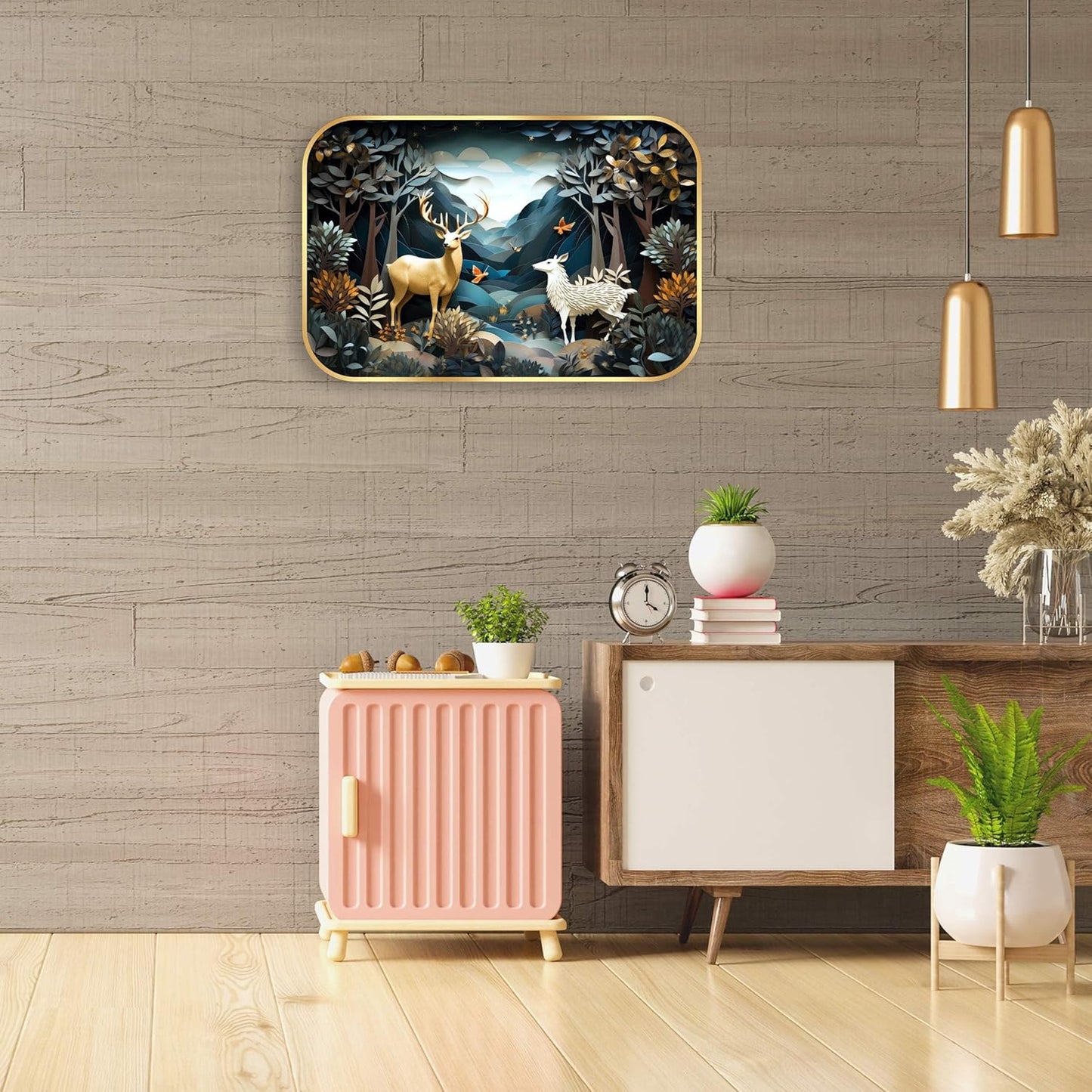 Indianara Enchanted Forest Wall Art, Gold Frame, 45 x 30 cm, Whimsical Deer Design, Indoor Decorative Print, Matte Finish
