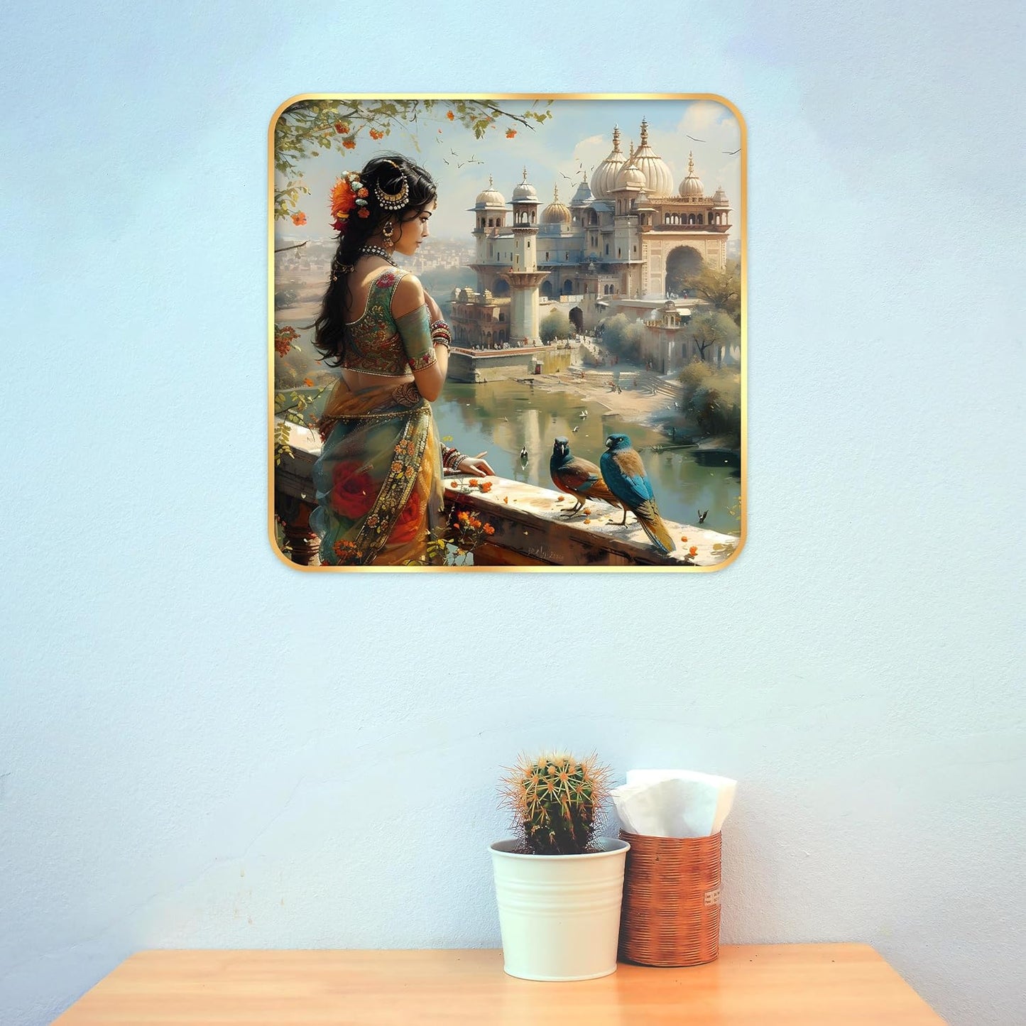 Indianara Beautiful Indian Woman Art Print with Golden Frame, Traditional Portrait, 40 cm x 40 cm, Premium Sparkle Lamination (6607)