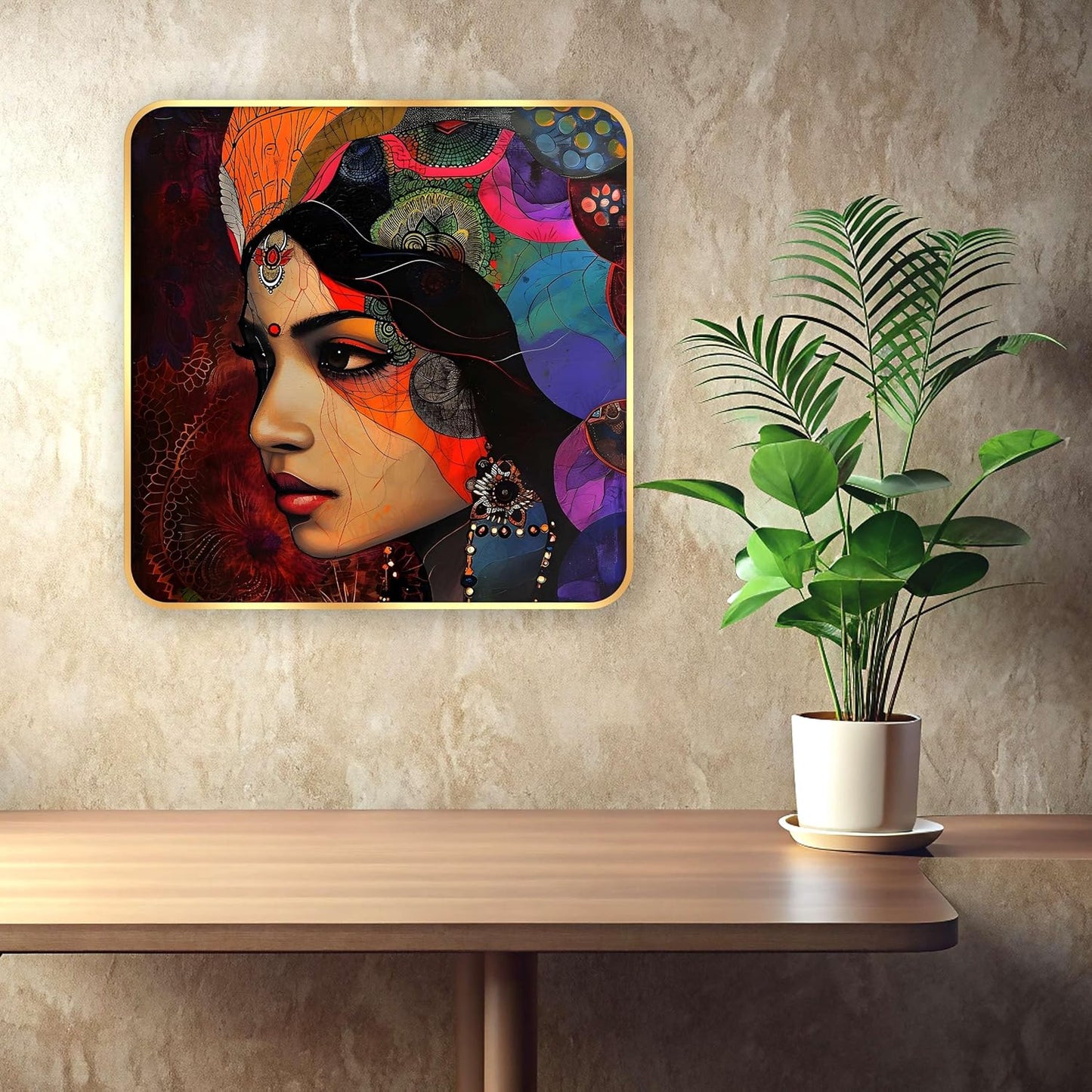 Indianara Beautiful Indian Woman Art Print with Golden Frame, Traditional Portrait, 40 cm x 40 cm, Premium Sparkle Lamination (6611)