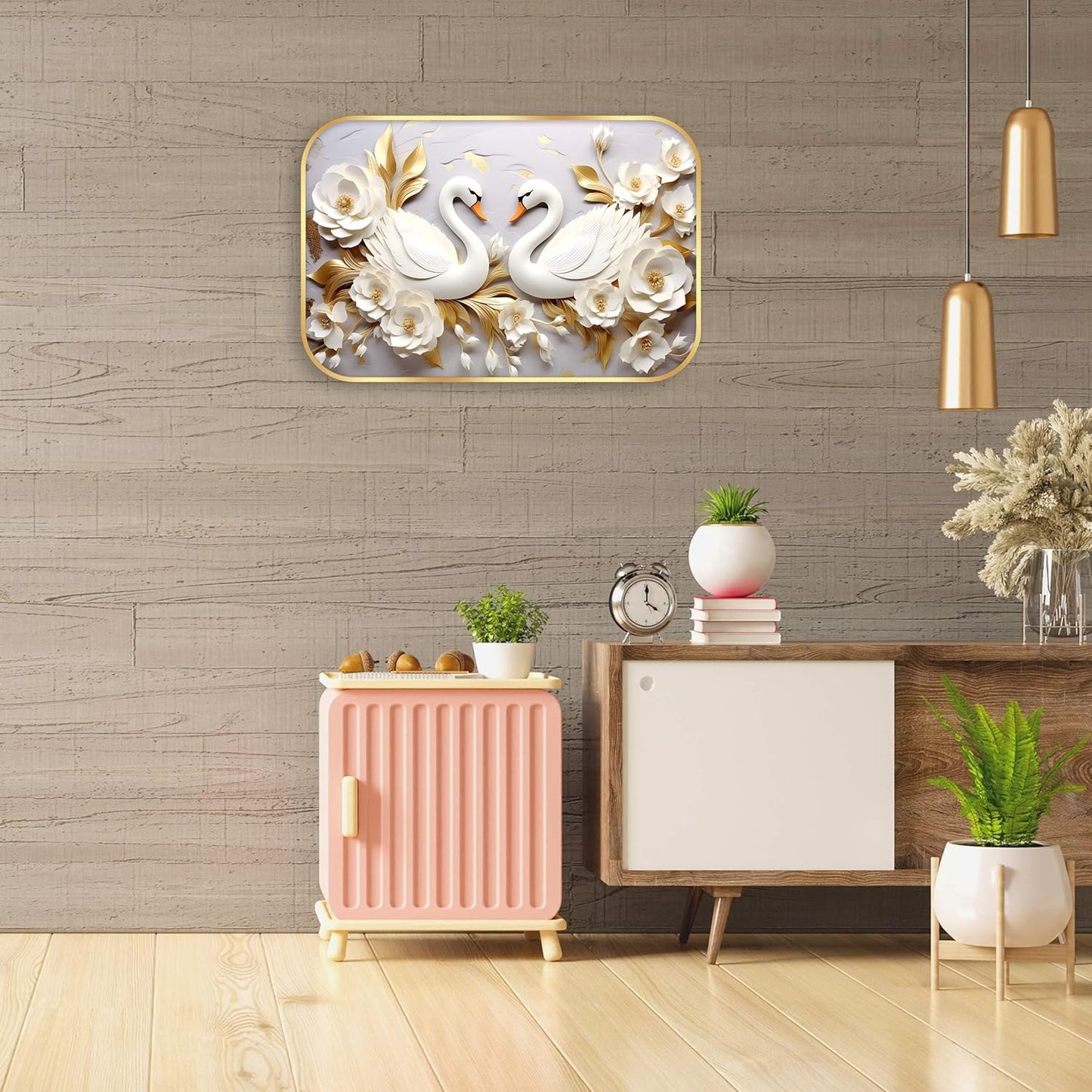 Indianara White Swan Wall Art with Gold Roses, Digital Print, Gold Frame, 45 x 30 cm, Landscape