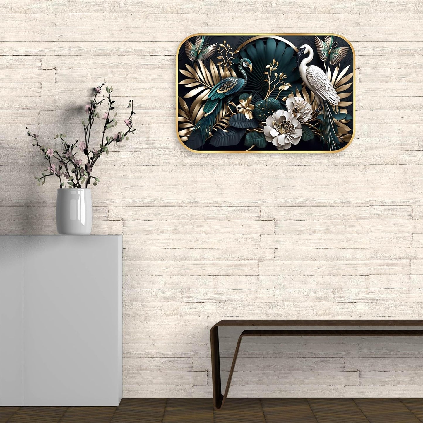 Indianara Luxury Wall Art, Peacock and Crane with Golden Foliage, Digital Print with Gold Frame, 45 x 30 cm, Black