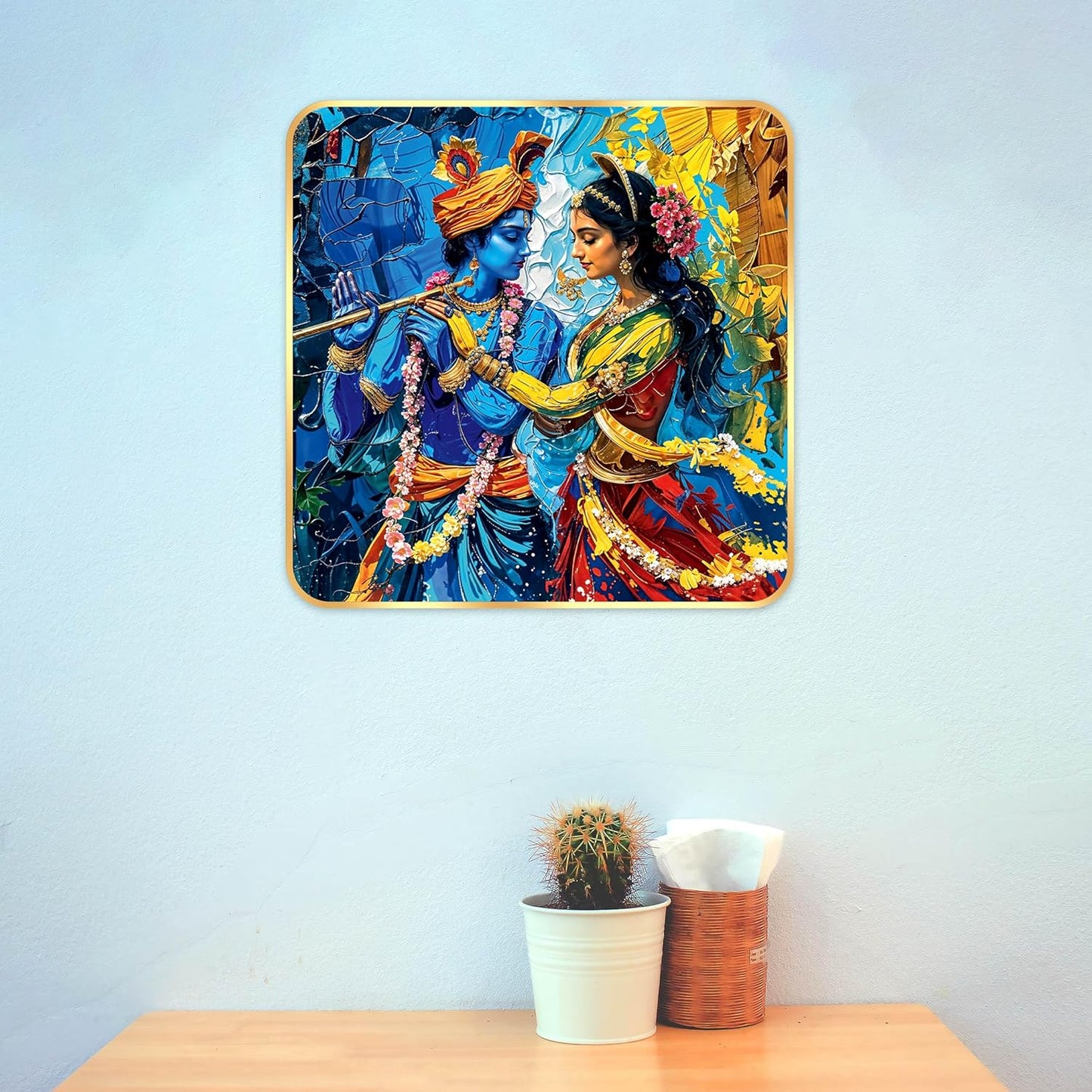 Indianara Traditional Radha Krishna Art Print, Golden Frame, Premium Sparkle Lamination, 40 cm x 40 cm