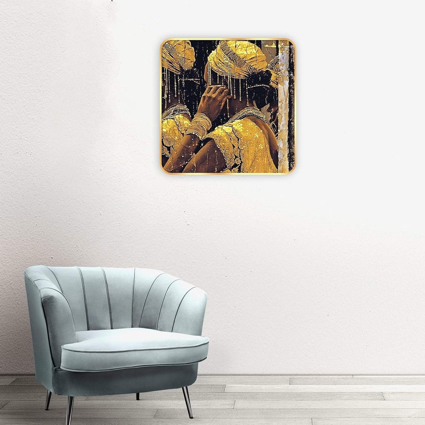 Indianara Tribal Art Wall Painting, Modern Design, Golden Frame, 40 cm x 40 cm, Premium Sparkle Lamination (6602)