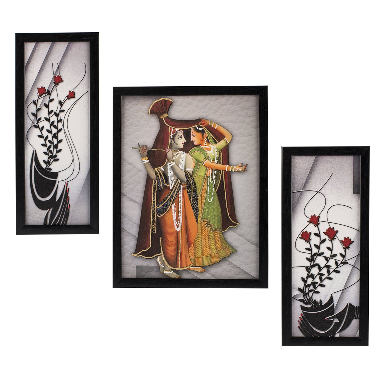 Indianara 3 Pc Set of Radha Krishna Paintings Without Glass 5.2 X 12.5, 9.5 X 12.5, 5.2 X 12.5 Inch-Multicolour