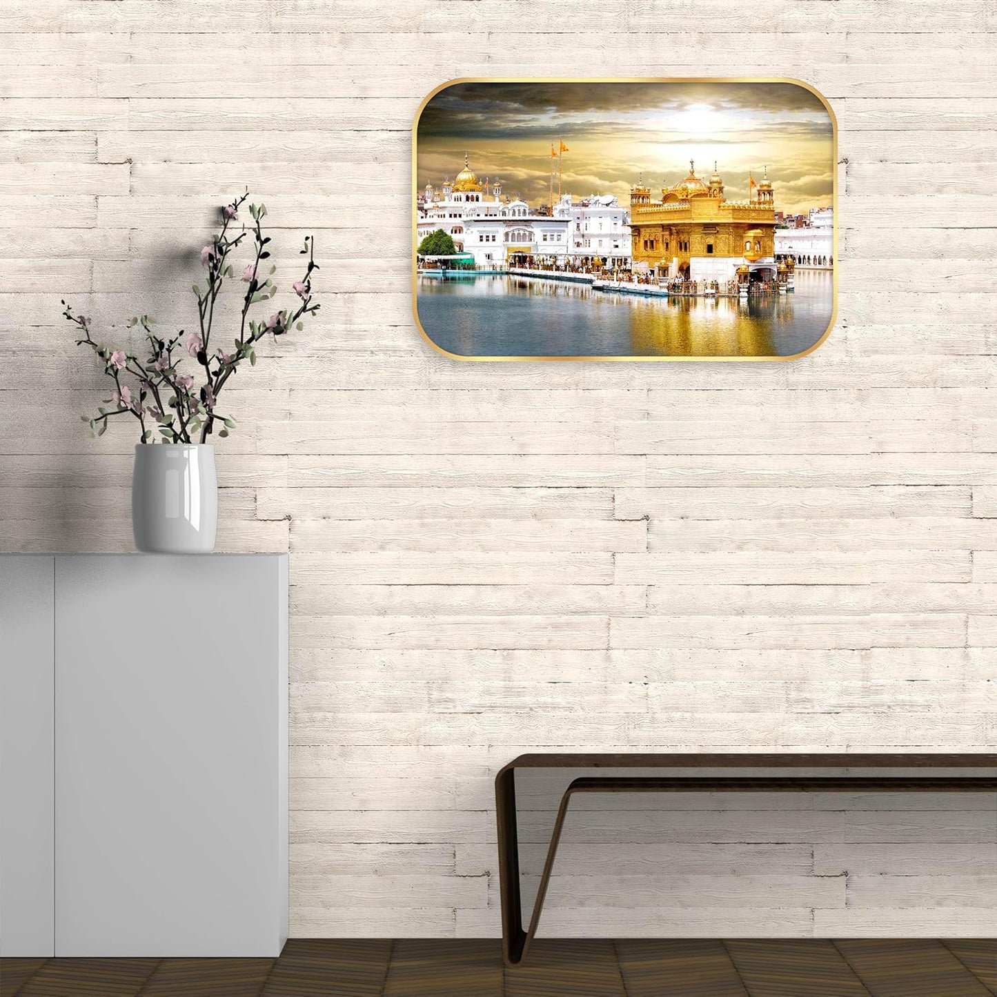 Indianara Golden Temple Amritsar Wall Art, Digital Print with Golden Frame, Premium Laminated, 45 x 30 cm
