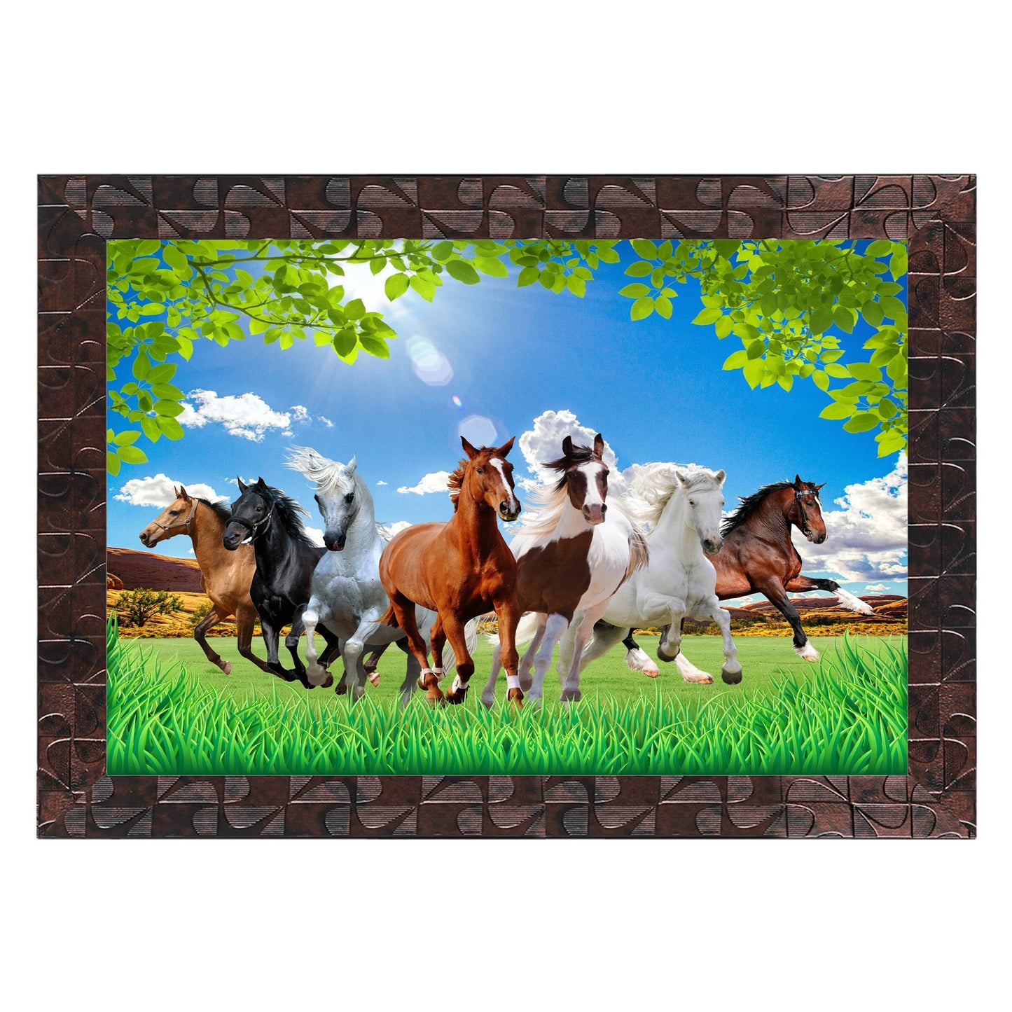 Indianara Vastu Seven Running Horses Painting -Synthetic Wood, 27x30.5x1cm, Multicolour (Style 5)