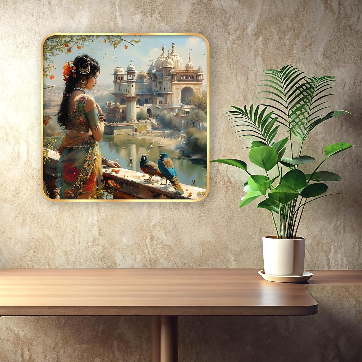 Indianara Beautiful Indian Woman Art Print with Golden Frame, Traditional Portrait, 40 cm x 40 cm, Premium Sparkle Lamination (6607)