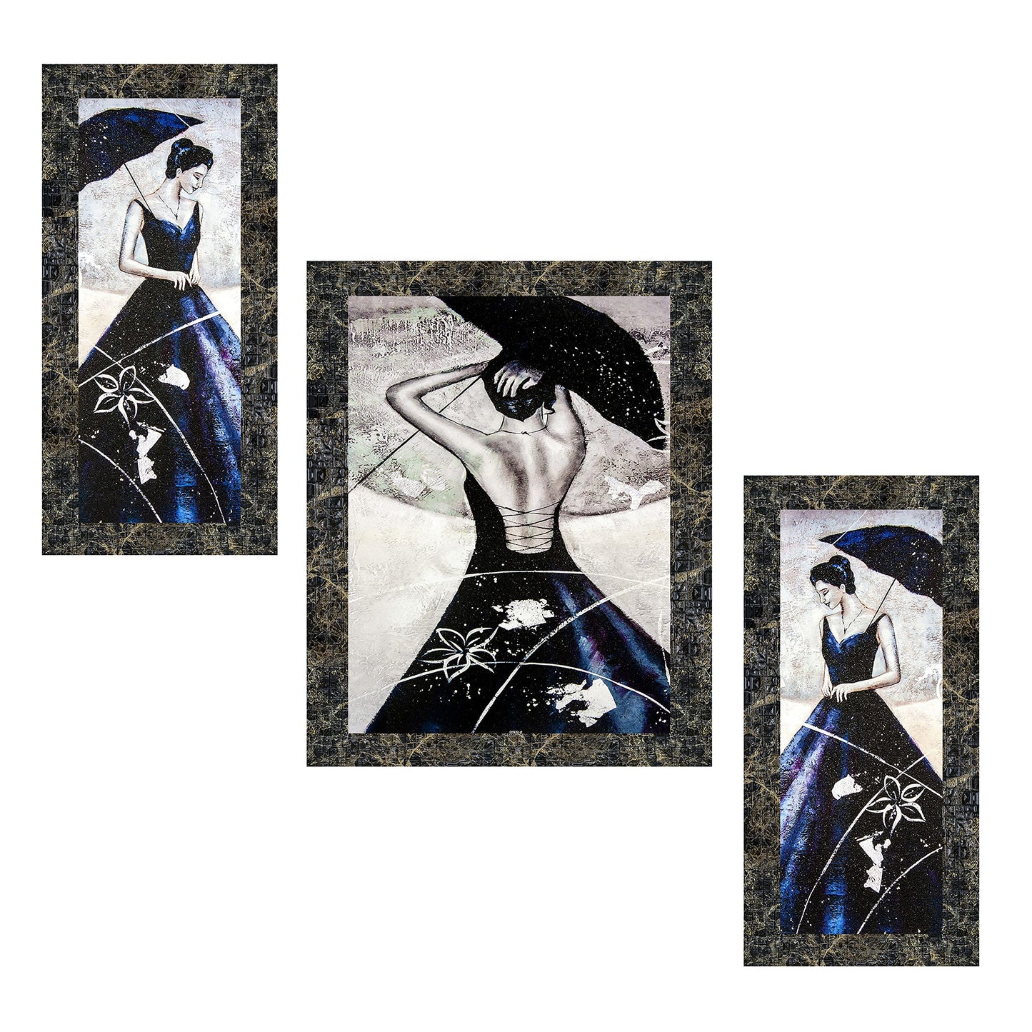 Indianara 3 Pc Set Of Still Art Paintings Without Glass (6 X 13, 10.2 X 13, 6 X 13 INCH, Black)