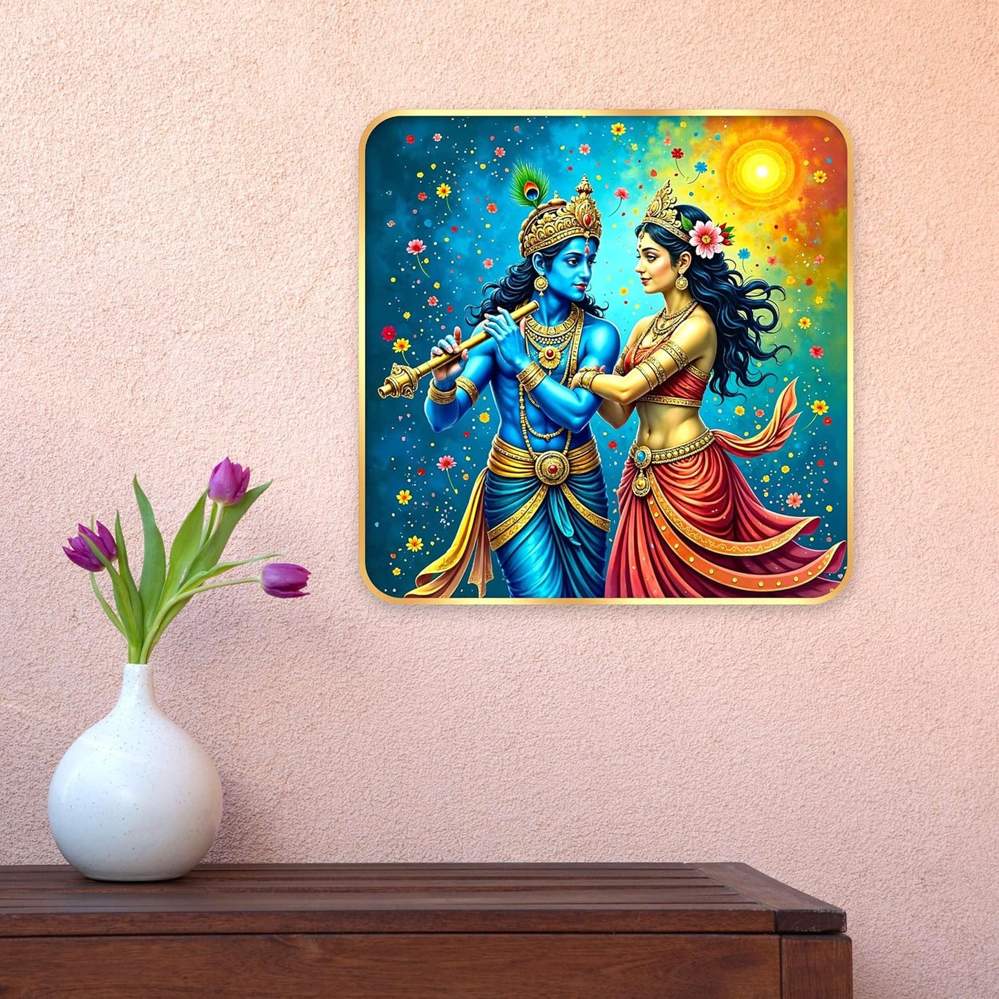 Indianara Traditional Radha Krishna Art Print, Golden Frame with Premium Sparkle Lamination, 40 cm x 40 cm (6673)