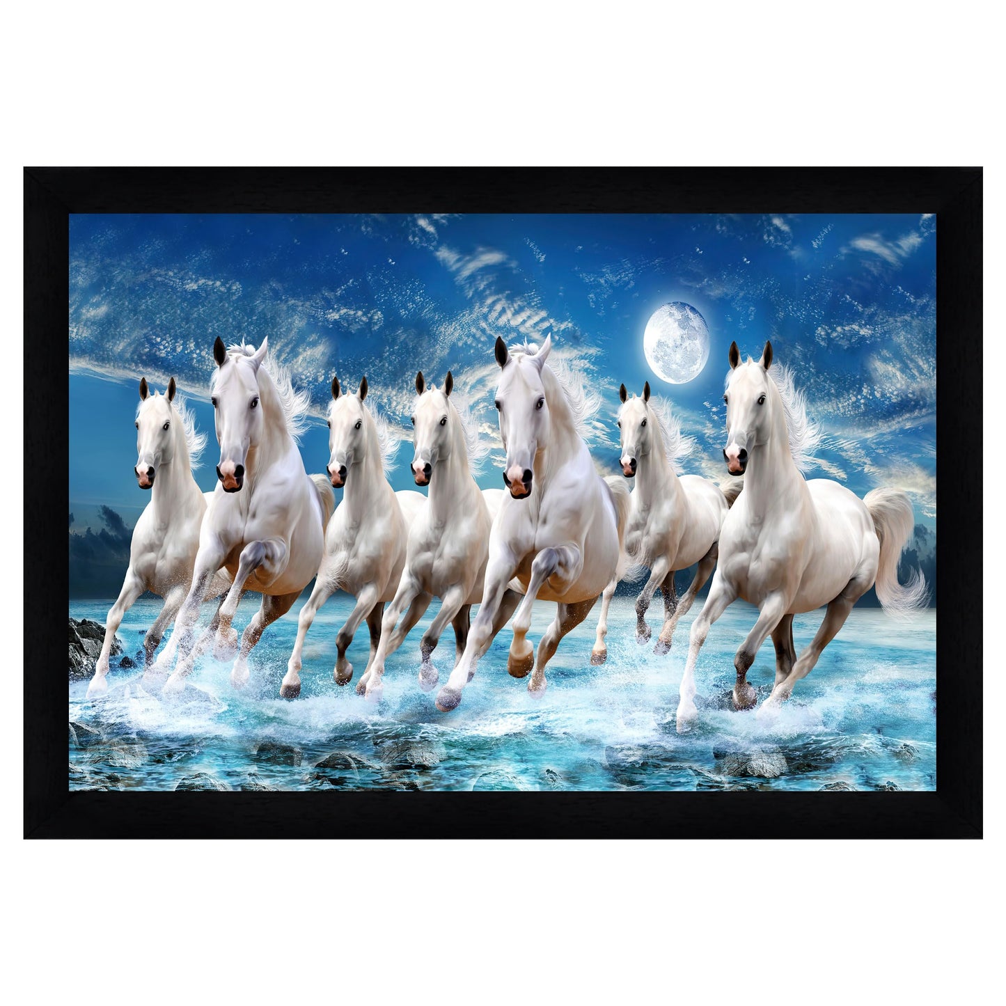 Indianara Vastu Runing Seven Horses Painting With Frame 13 Inches X 10 Inches (Style 1)